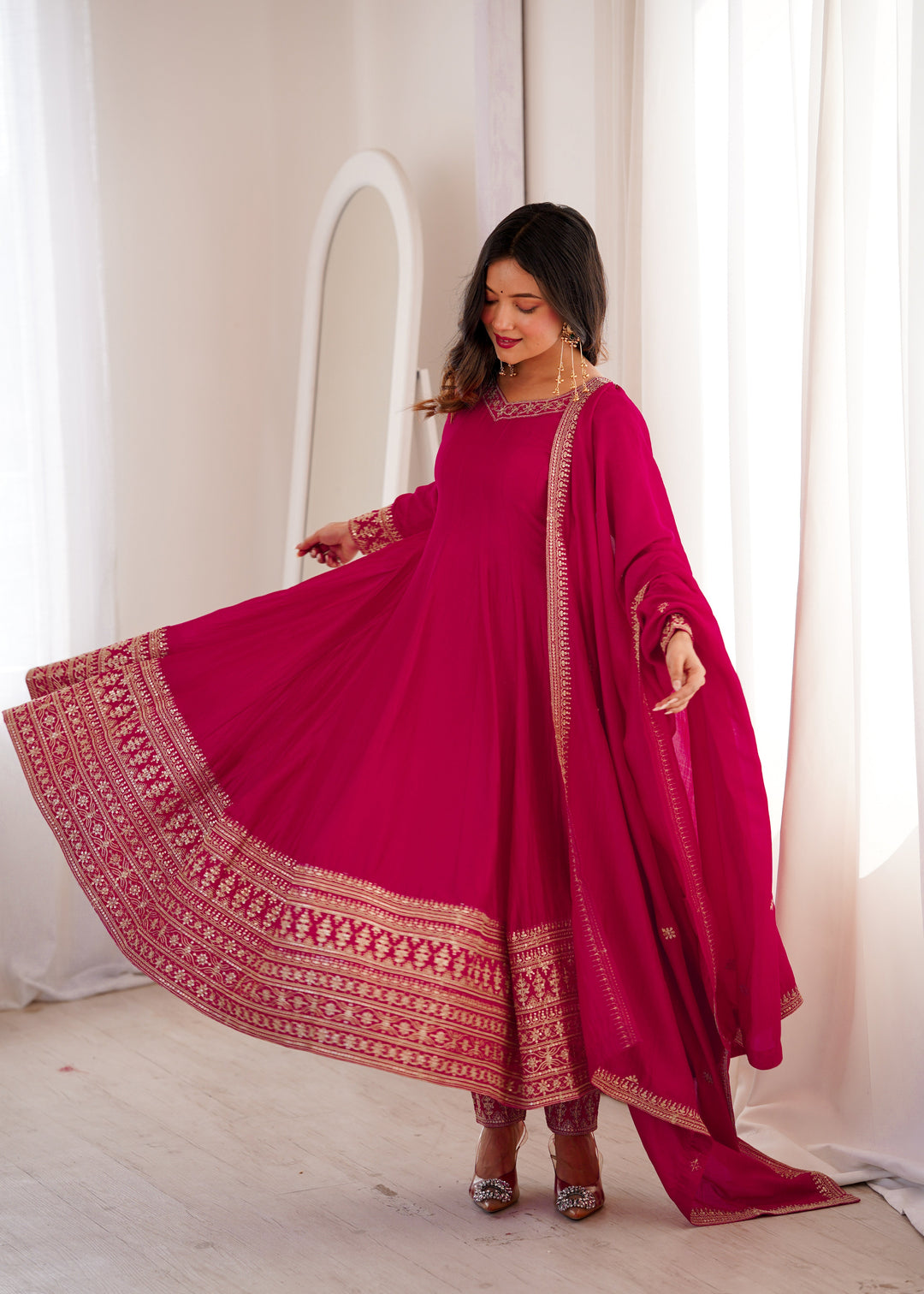 Pink Silk Full Kali Anarkali Gown set