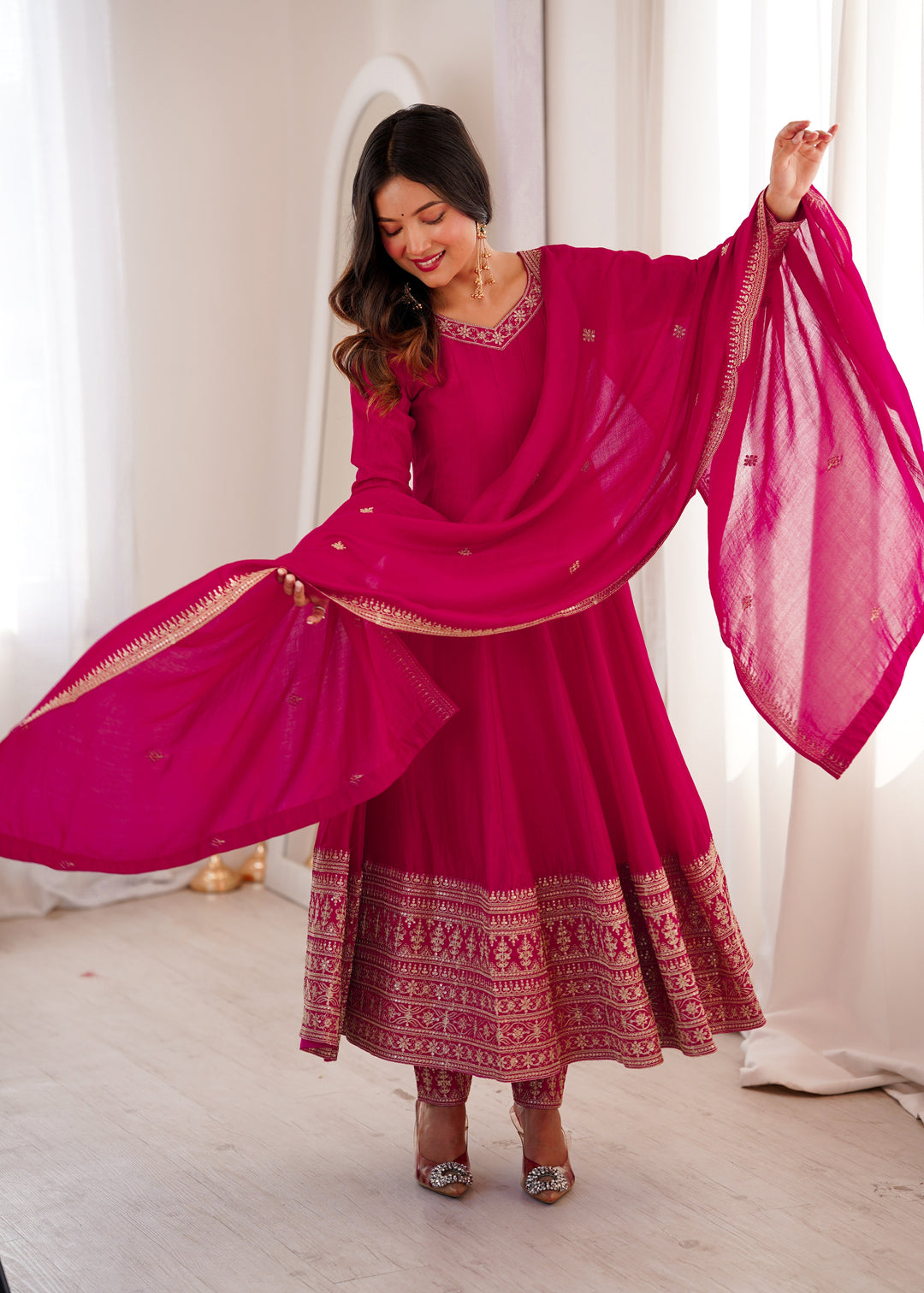 Pink Silk Full Kali Anarkali Gown set
