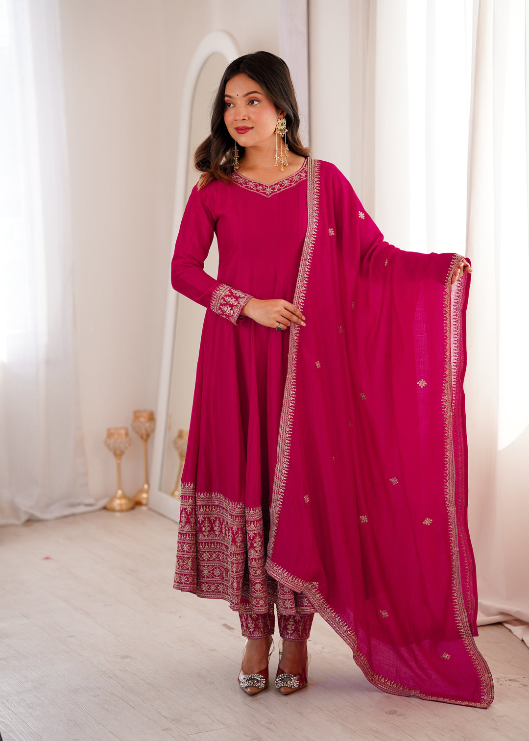 Pink Silk Full Kali Anarkali Gown set