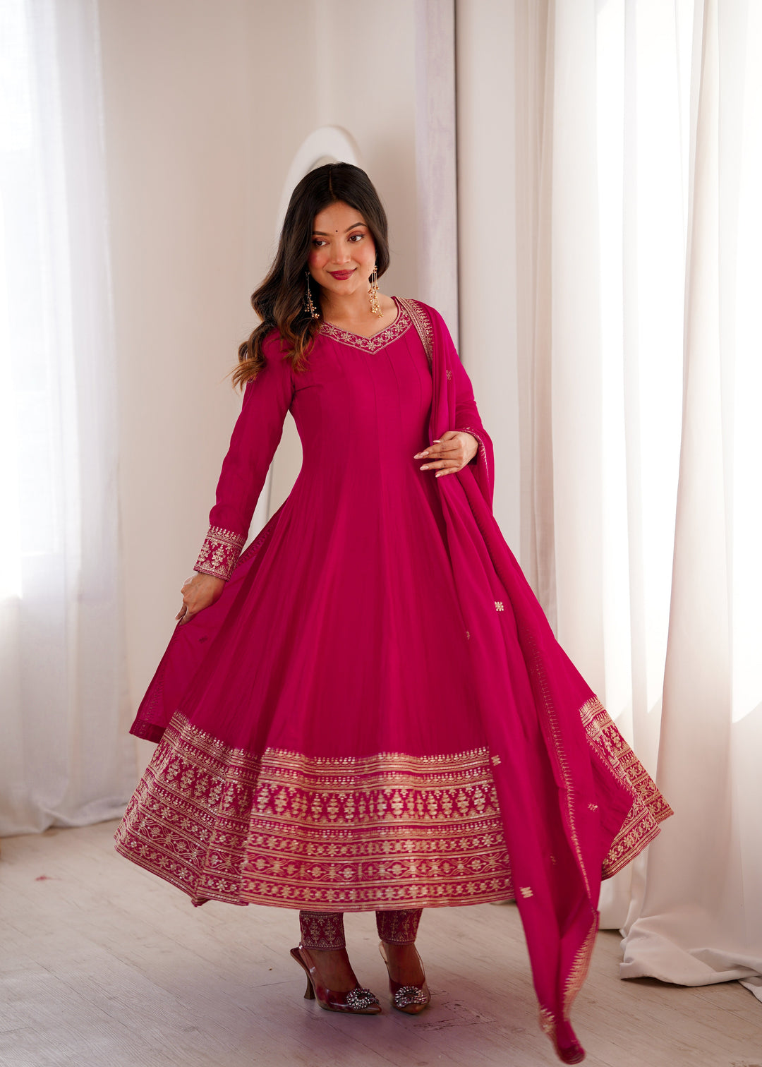 Pink Silk Full Kali Anarkali Gown set