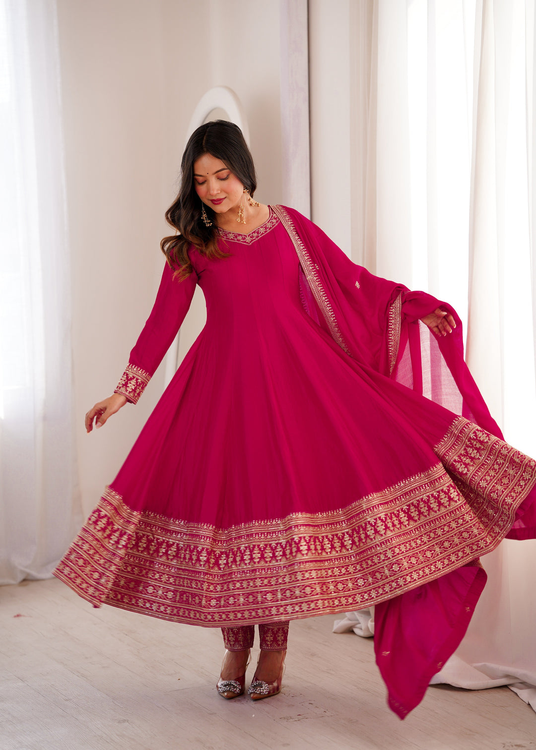 Pink Silk Full Kali Anarkali Gown set
