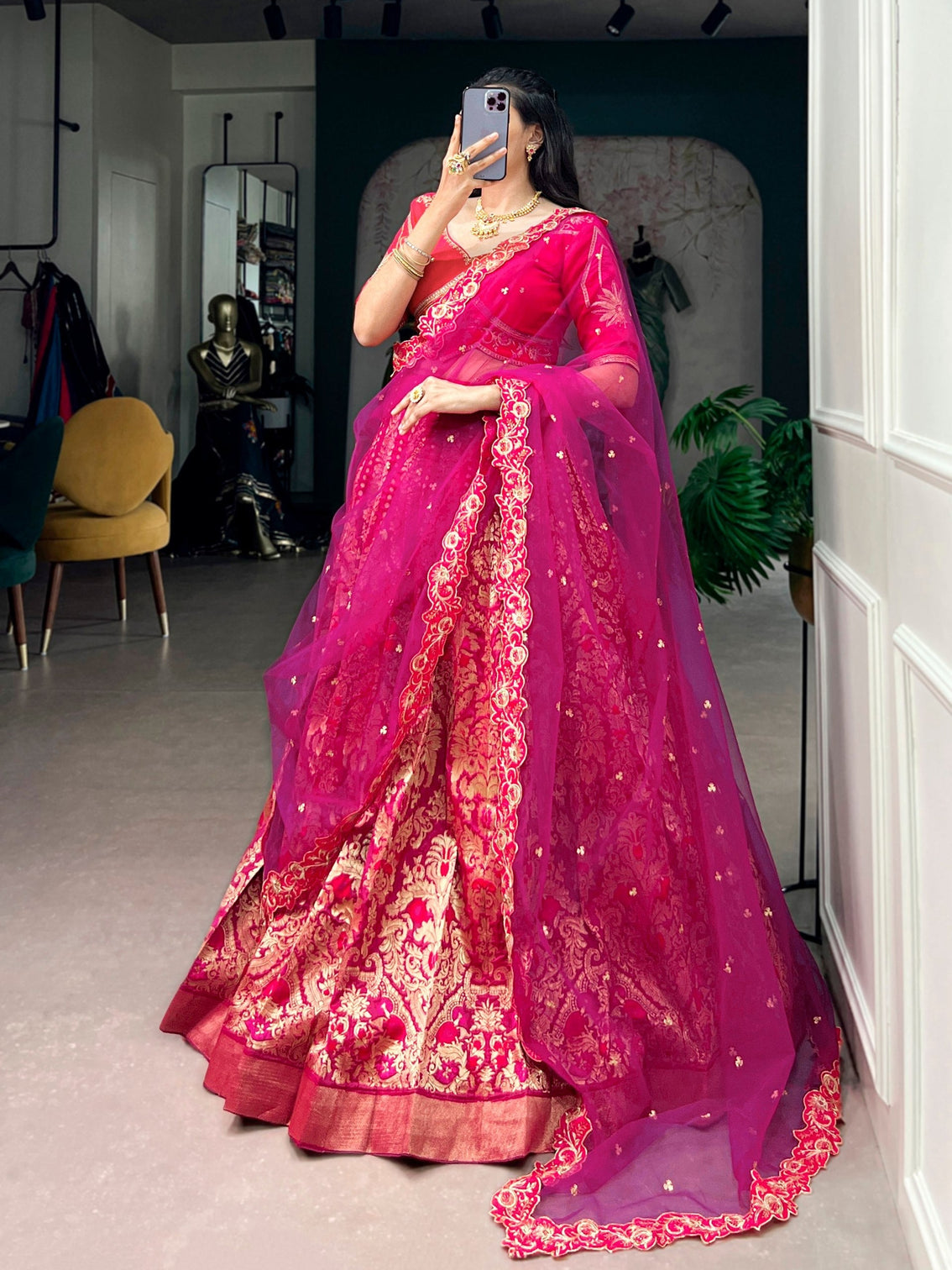 Pink Silk Lehenga Choli with Zari Work