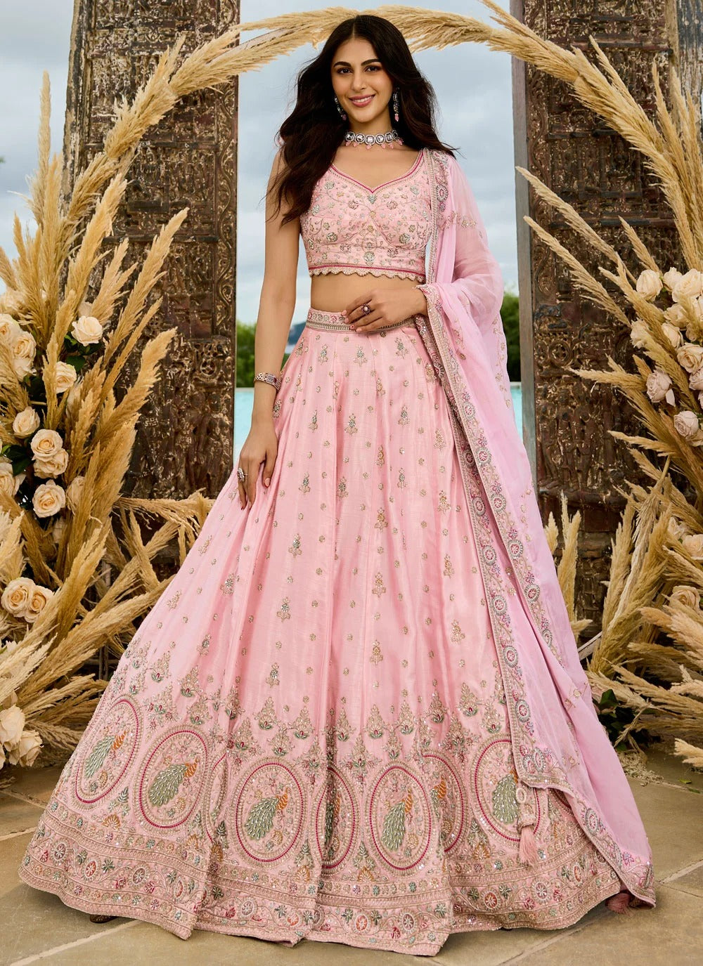 Blush pink silk reception lehenga with sequins coding embroidery