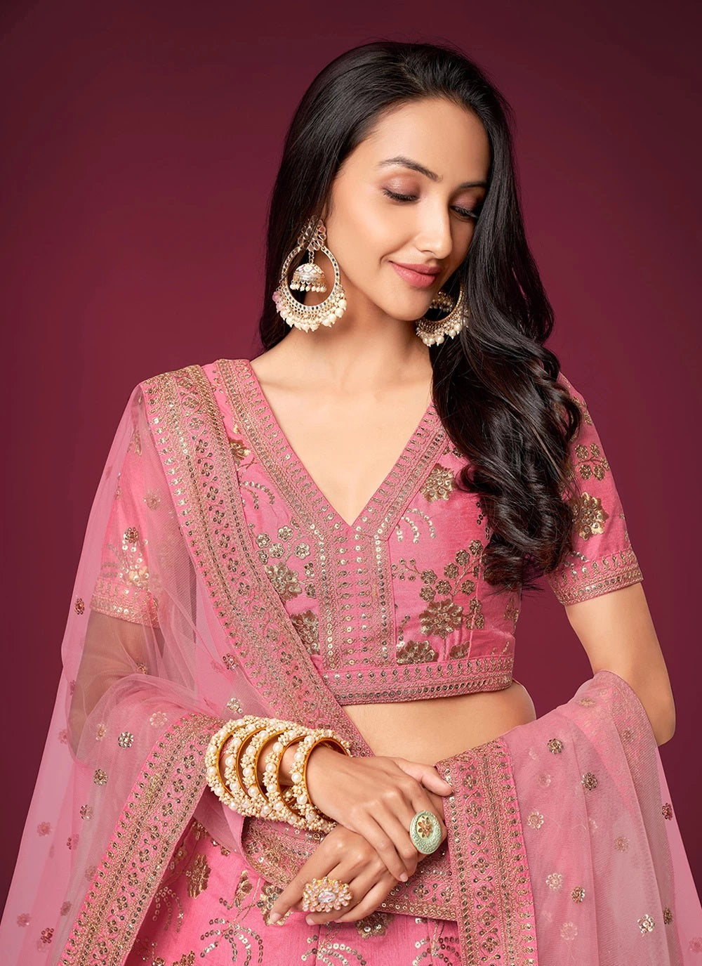 Pink silk sequins and dori work lehenga for wedding party