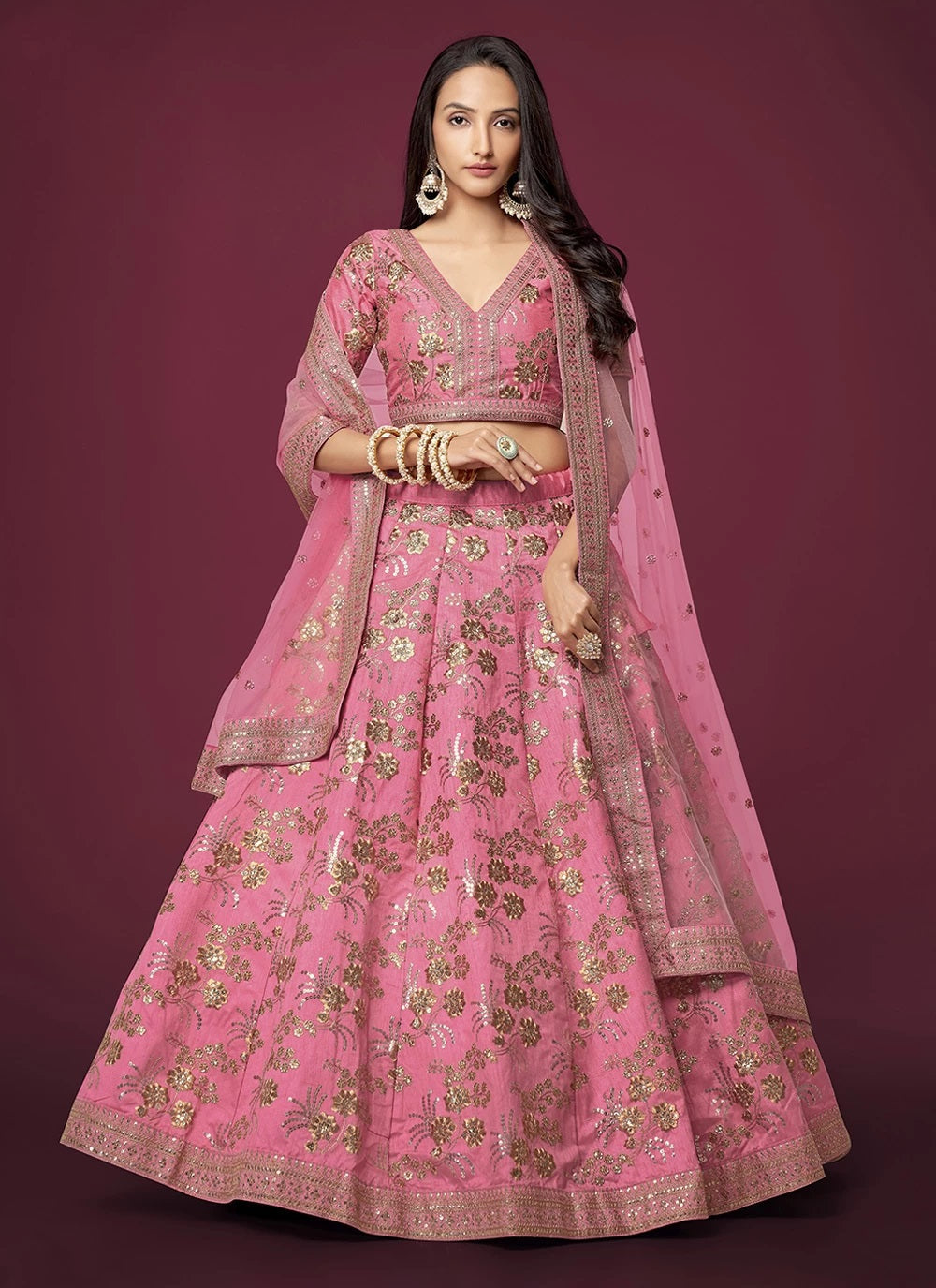 Pink silk sequins and dori work lehenga for wedding party