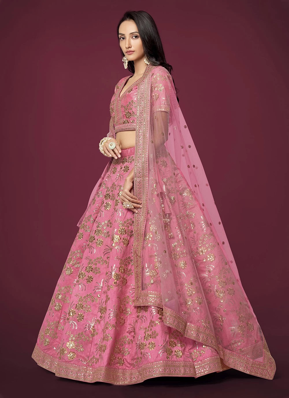 Pink silk sequins and dori work lehenga for wedding party