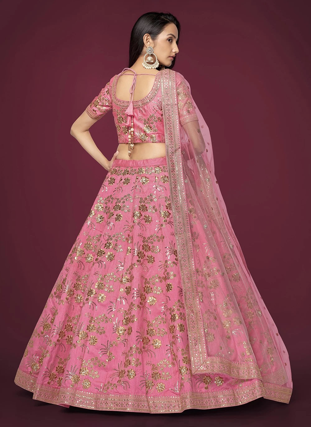 Pink silk sequins and dori work lehenga for wedding party