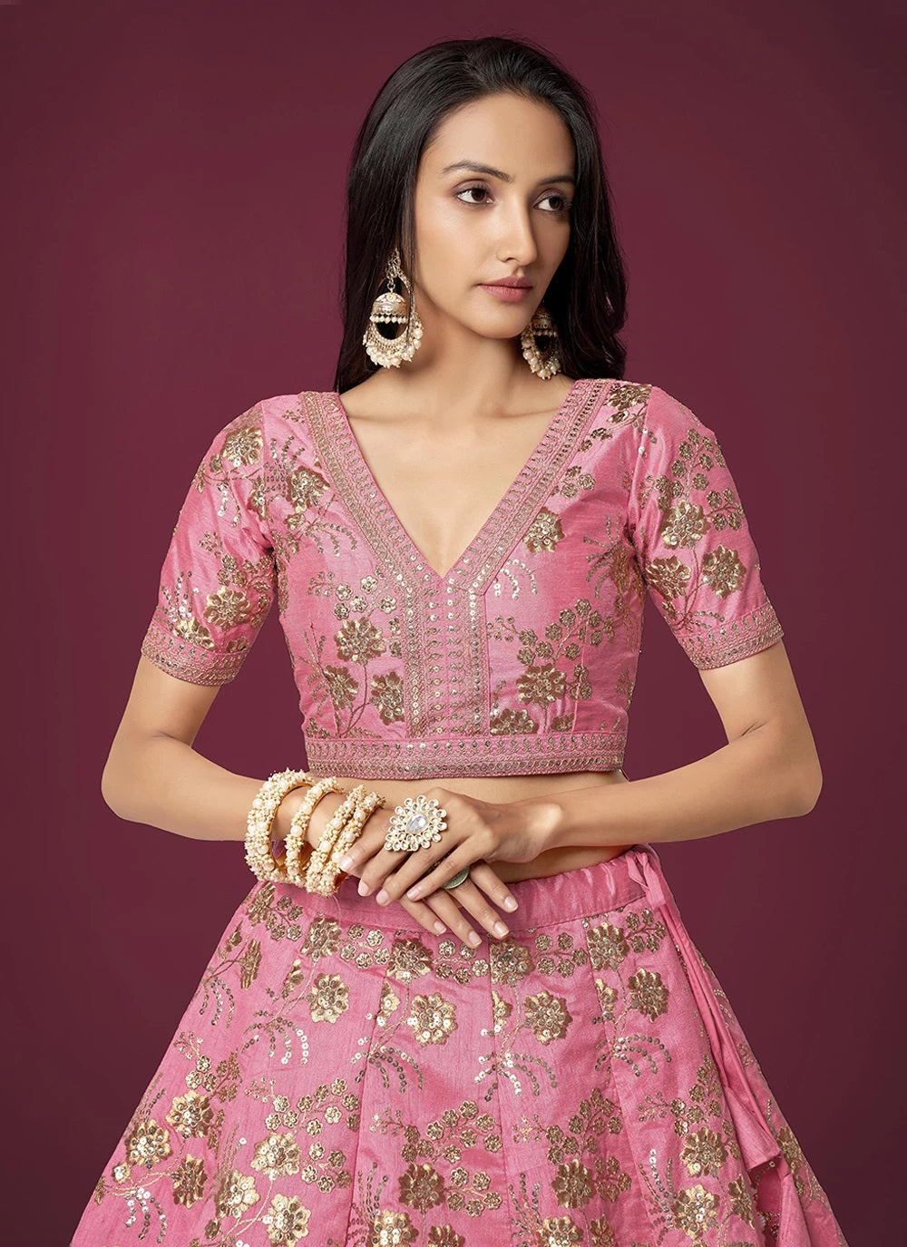 Pink silk sequins and dori work lehenga for wedding party