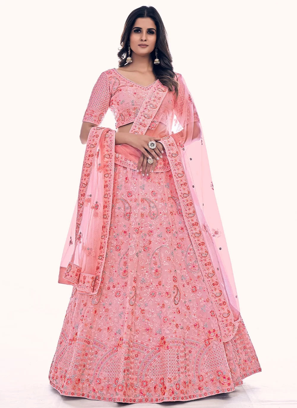 Pink soft net dori thread and zarkan work lehenga