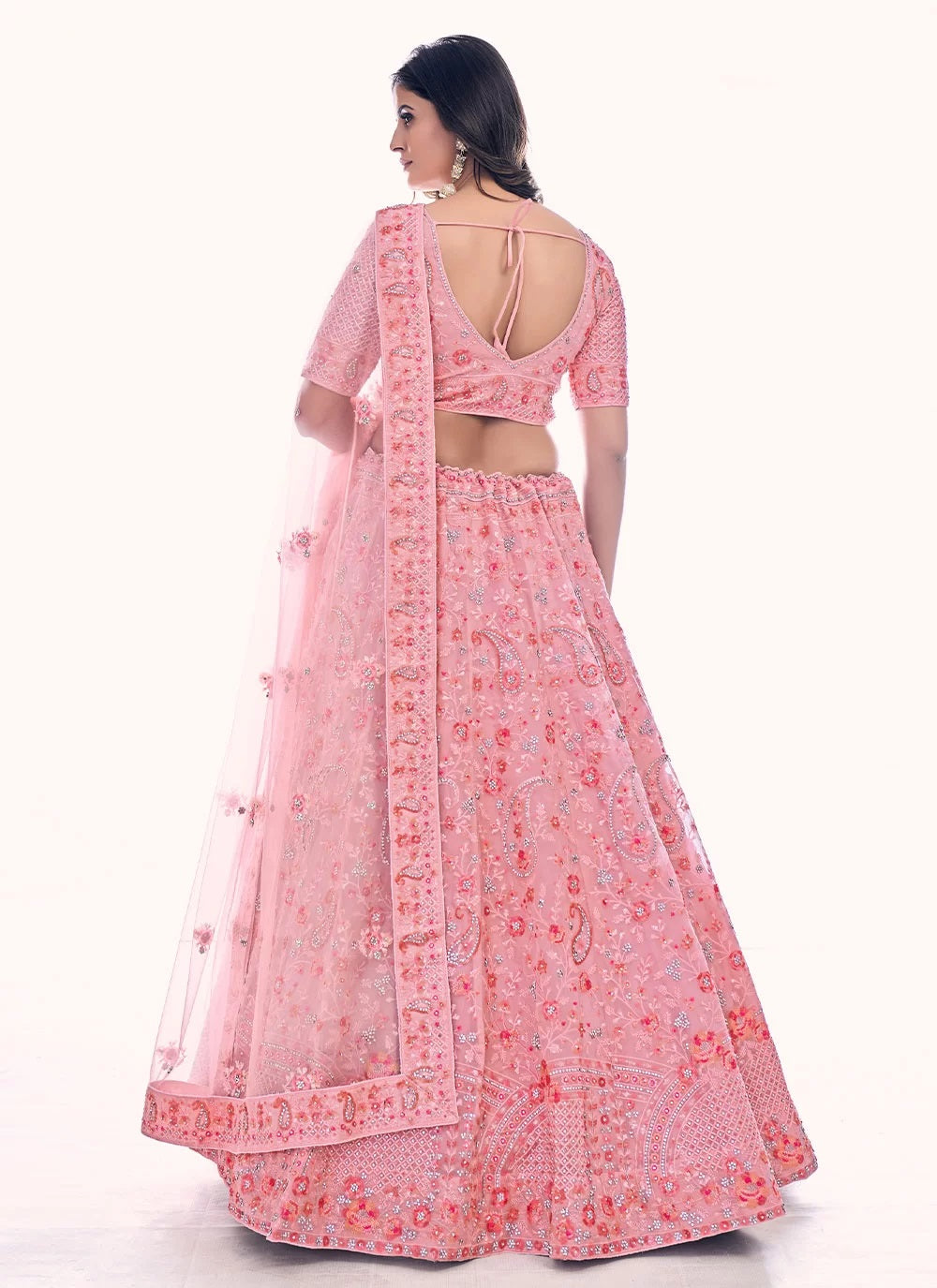 Pink soft net dori thread and zarkan work lehenga