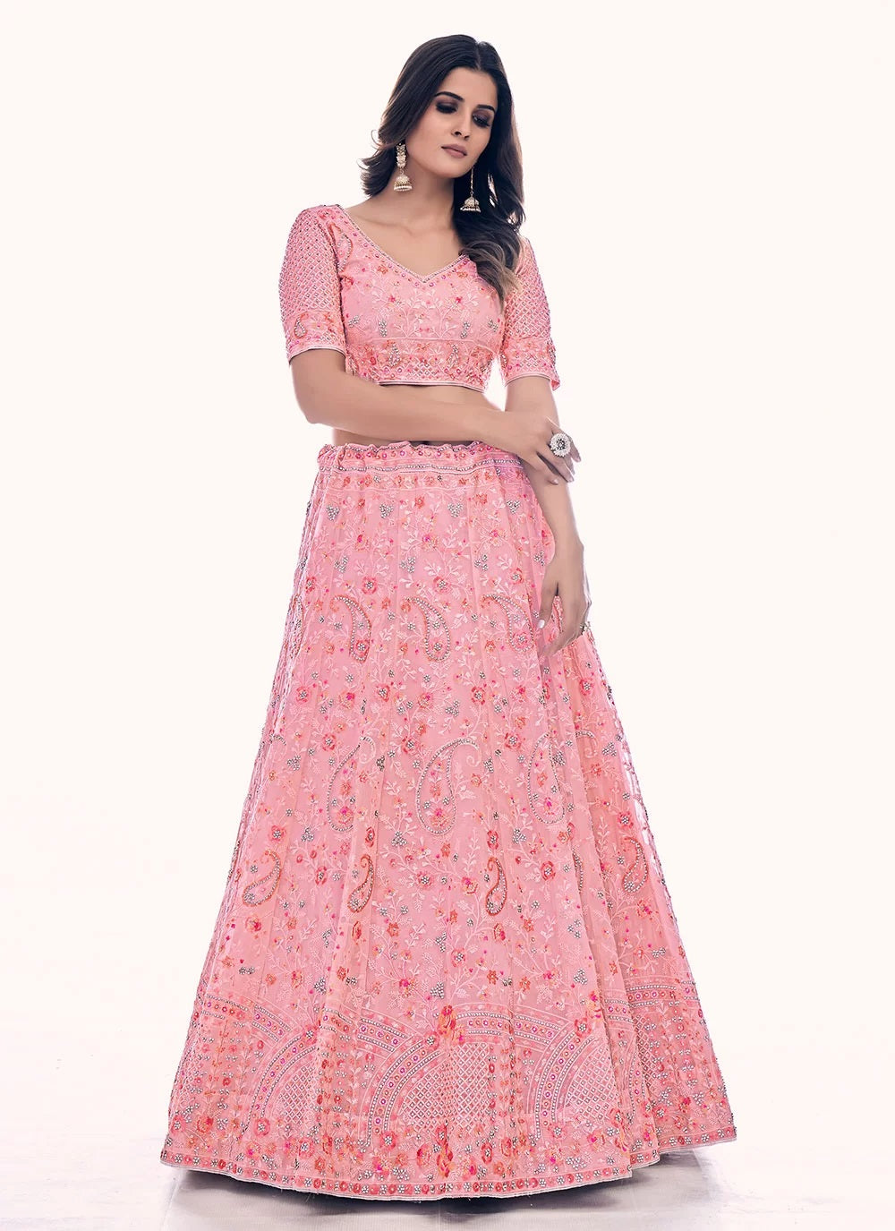 Pink soft net dori thread and zarkan work lehenga