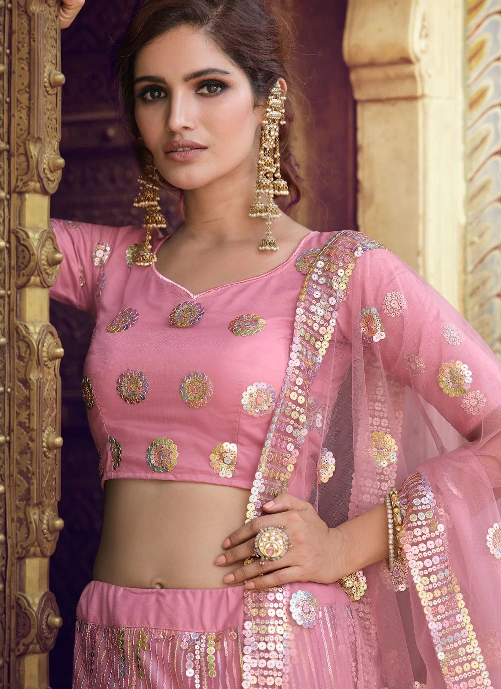Pink soft net marriage lehenga with sequins work