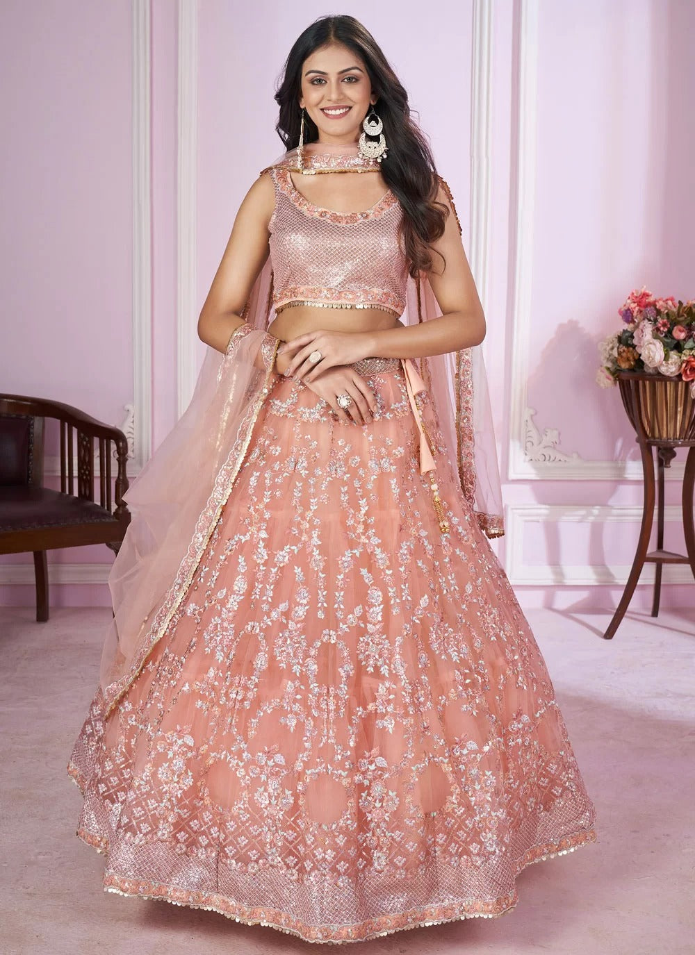Pink soft net sangeet lehenga choli with sequins zari embroidery