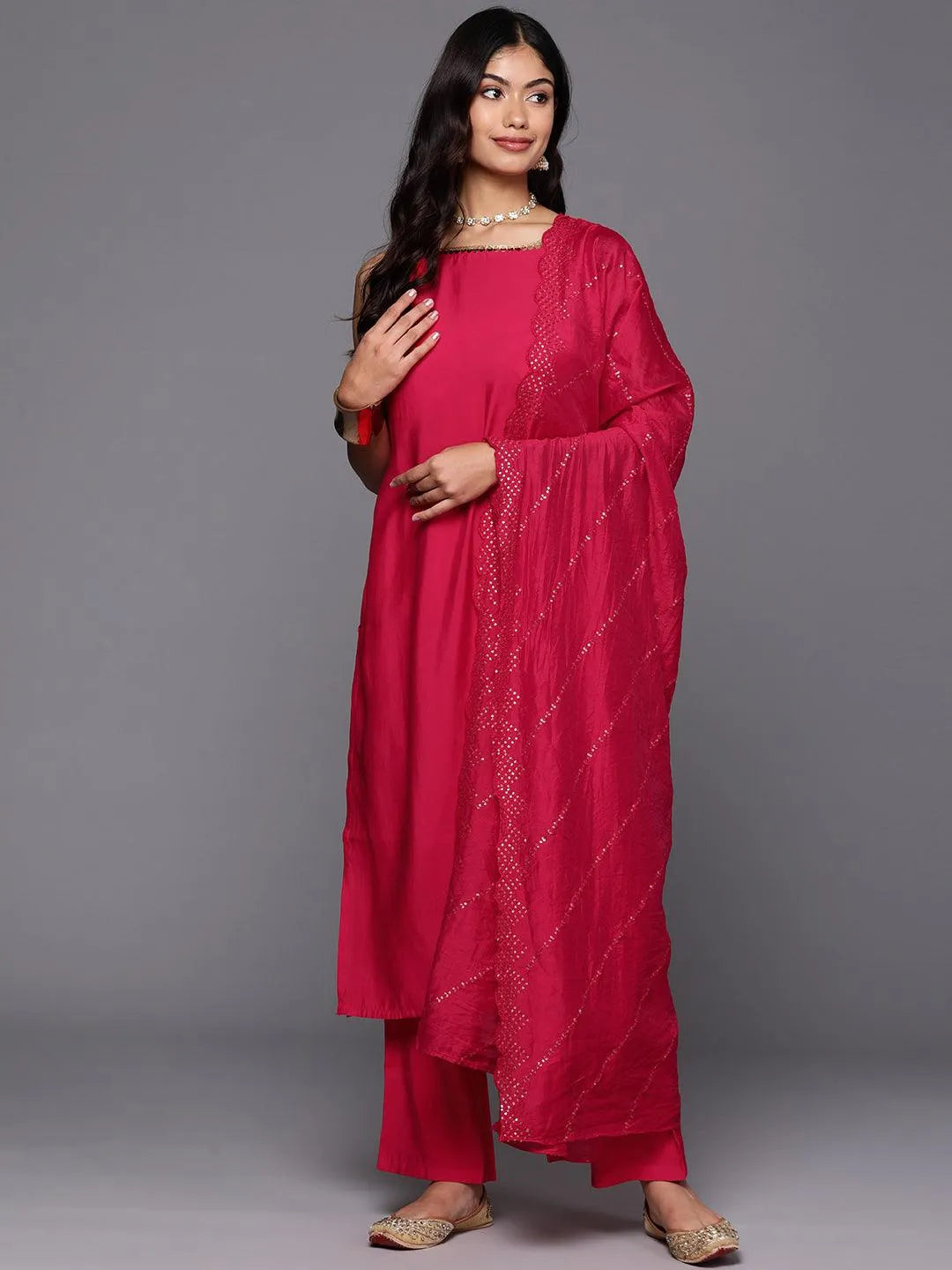 Gerua Pink Solid Silk Blend Straight Suit With Dupatta