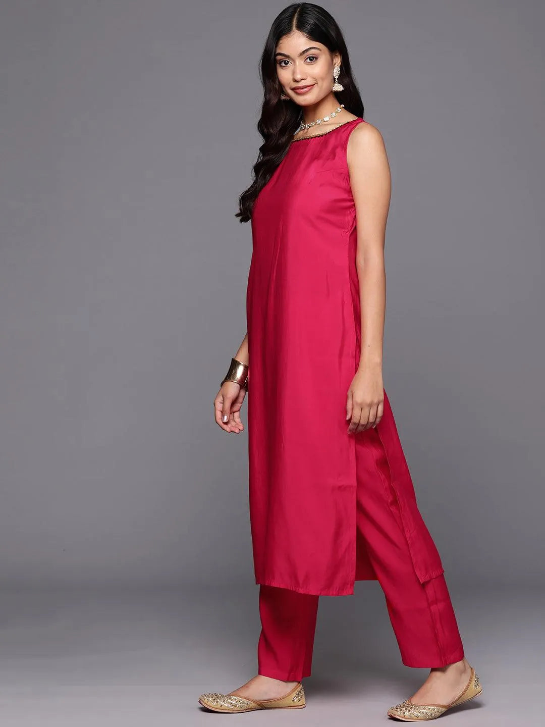 Gerua Pink Solid Silk Blend Straight Suit With Dupatta
