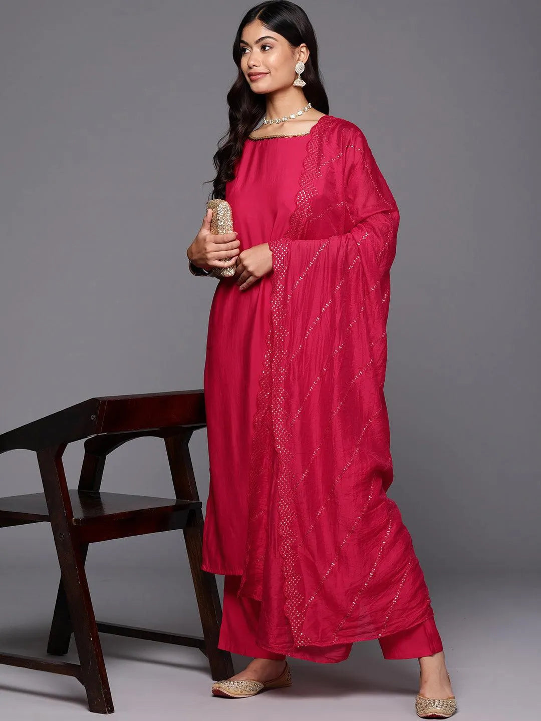 Gerua Pink Solid Silk Blend Straight Suit With Dupatta