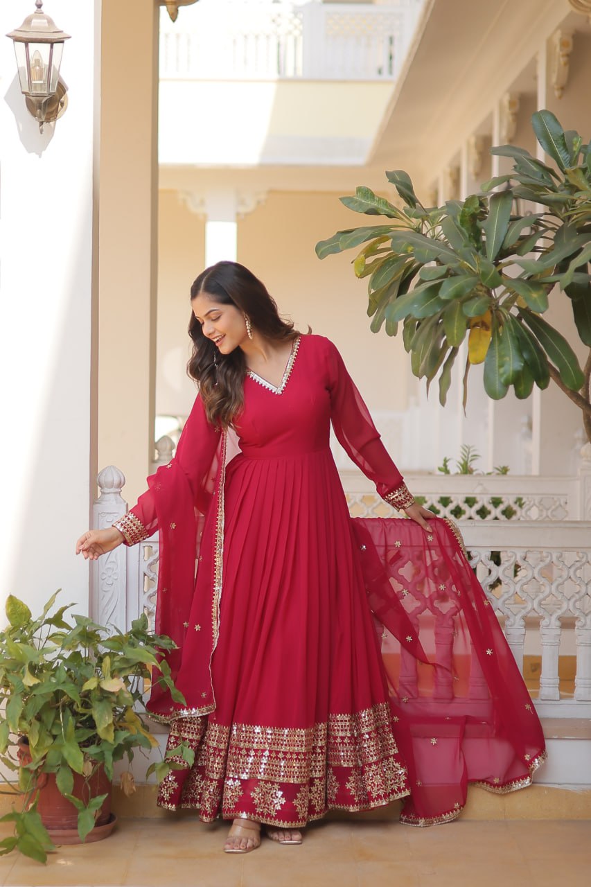 Pink Sparkling Faux Blooming Gown with Embroidered Sequins & Designer Lace Dupatta