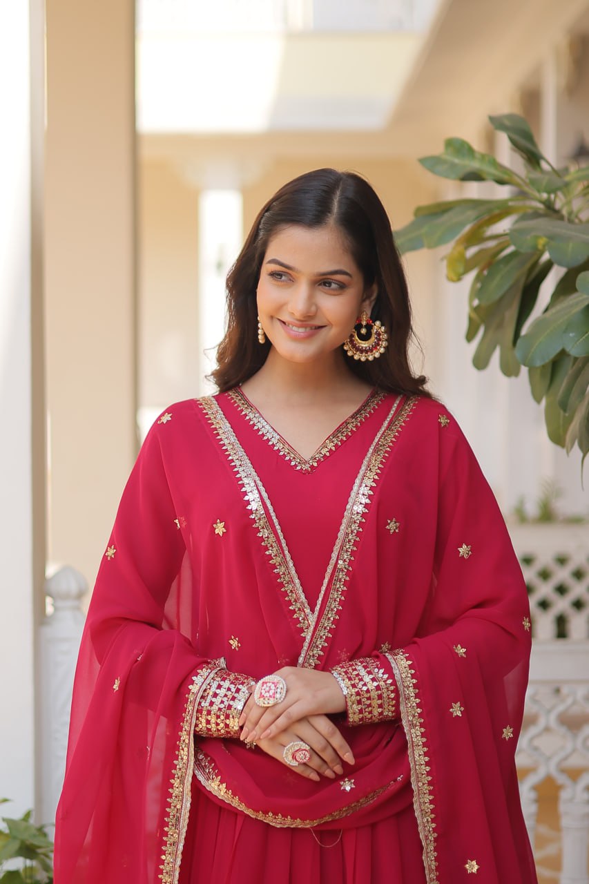 Pink Sparkling Faux Blooming Gown with Embroidered Sequins & Designer Lace Dupatta