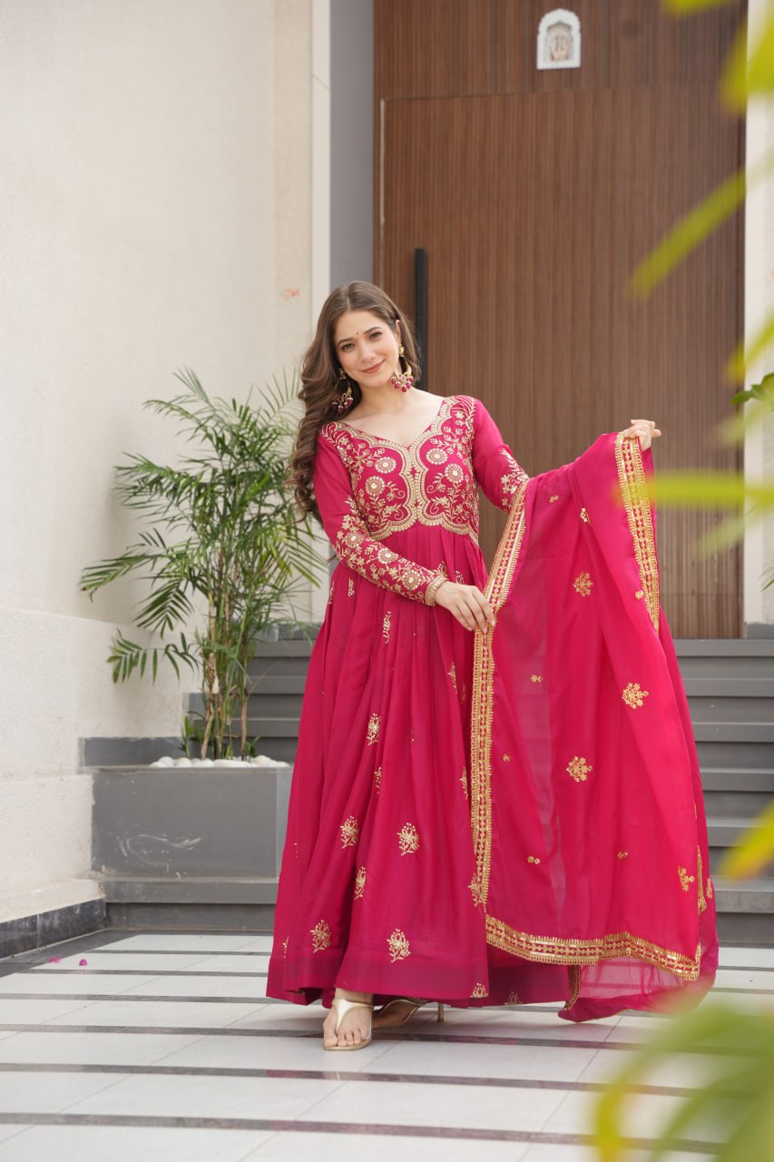 Pink Star Georgette Embroidered Gown with Sequins Work & Designer Dupatta – Festive Collection