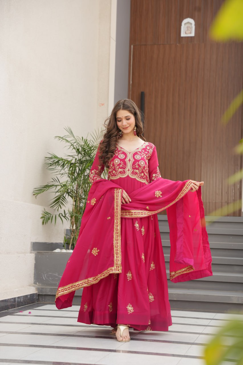 Pink Star Georgette Embroidered Gown with Sequins Work & Designer Dupatta – Festive Collection
