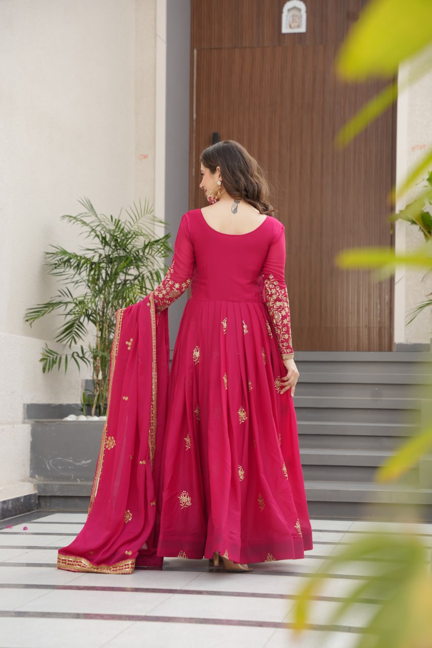 Pink Star Georgette Embroidered Gown with Sequins Work & Designer Dupatta – Festive Collection