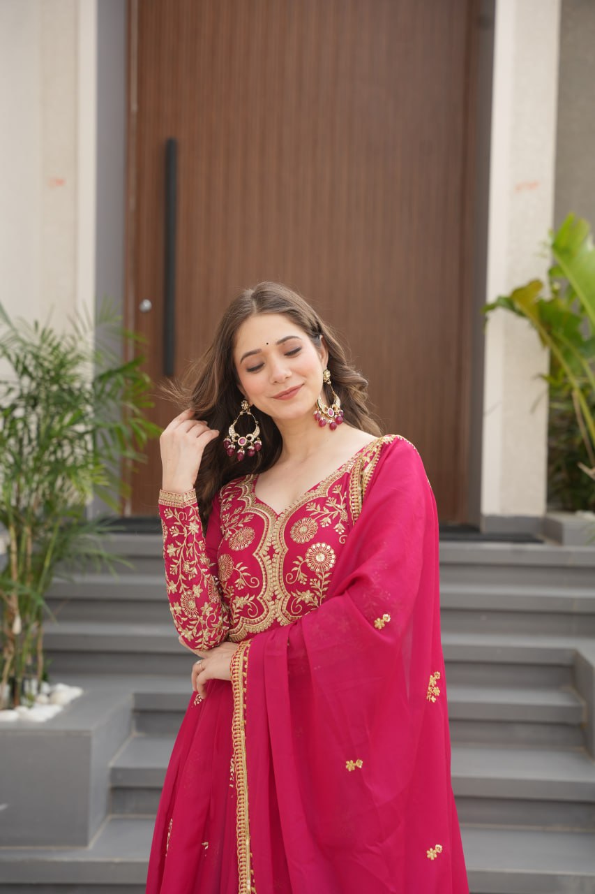 Pink Star Georgette Embroidered Gown with Sequins Work & Designer Dupatta – Festive Collection