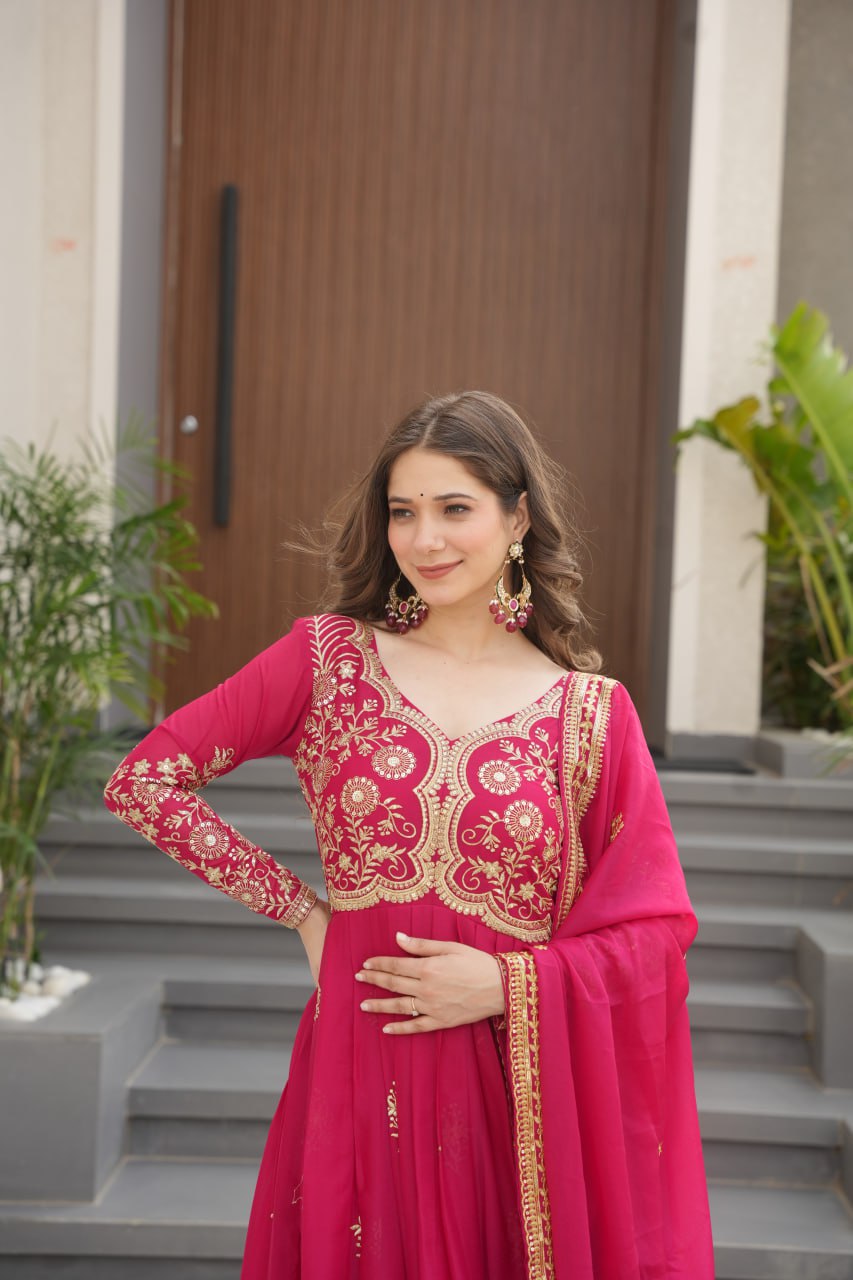 Pink Star Georgette Embroidered Gown with Sequins Work & Designer Dupatta – Festive Collection