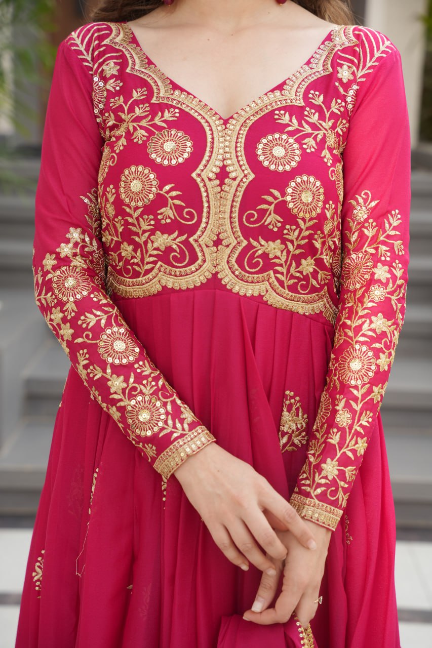 Pink Star Georgette Embroidered Gown with Sequins Work & Designer Dupatta – Festive Collection