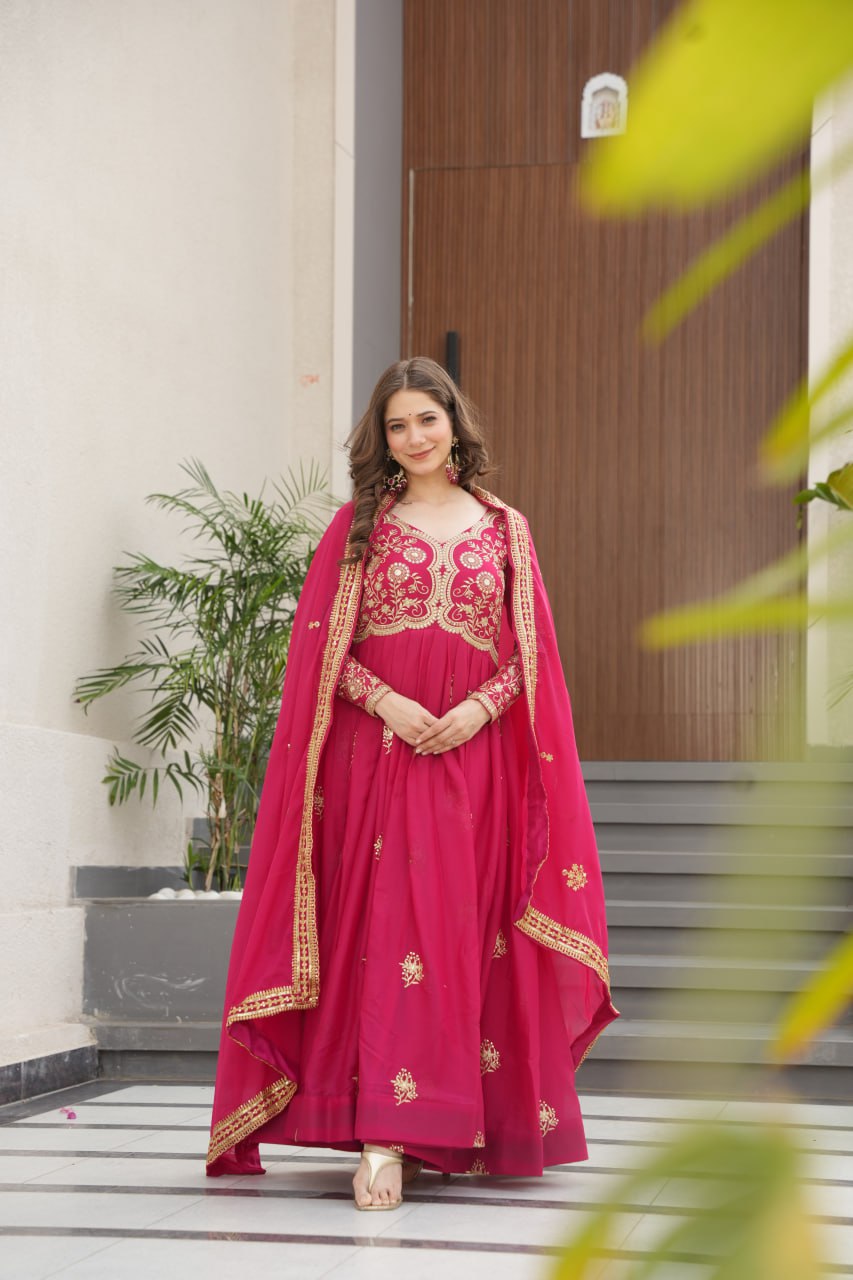 Pink Star Georgette Embroidered Gown with Sequins Work & Designer Dupatta – Festive Collection