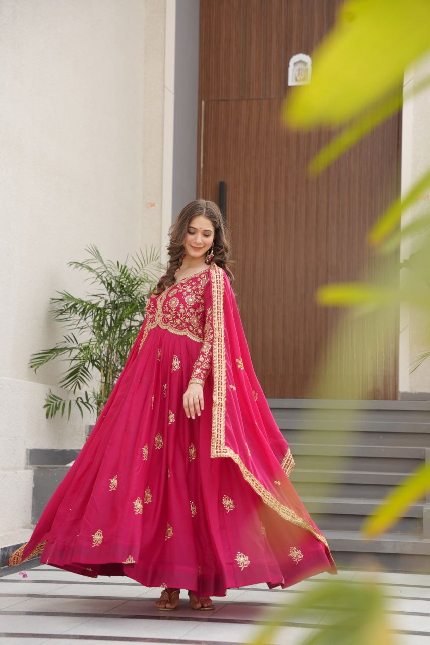 Pink Star Georgette Embroidered Gown with Sequins Work & Designer Dupatta – Festive Collection