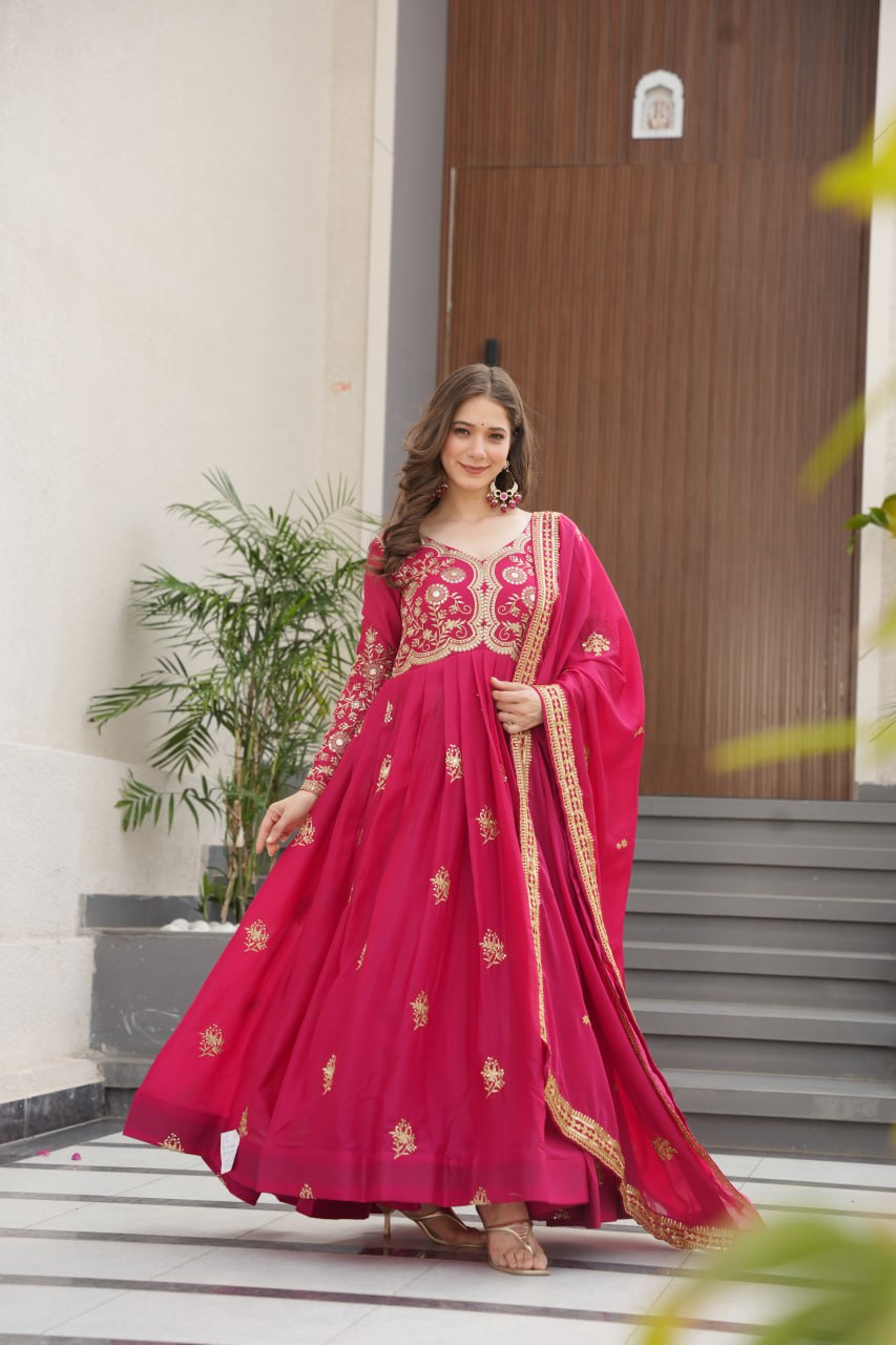 Pink Star Georgette Embroidered Gown with Sequins Work & Designer Dupatta – Festive Collection