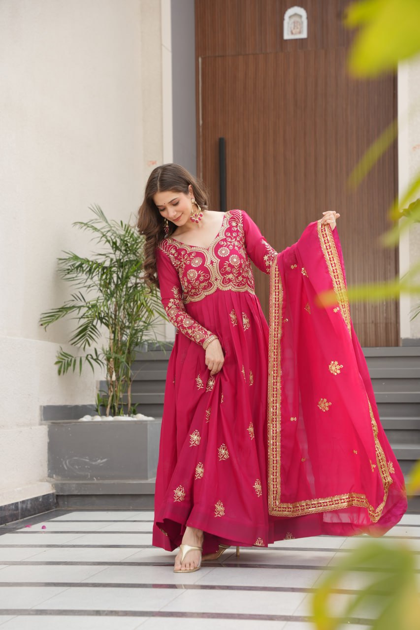 Pink Star Georgette Embroidered Gown with Sequins Work & Designer Dupatta – Festive Collection