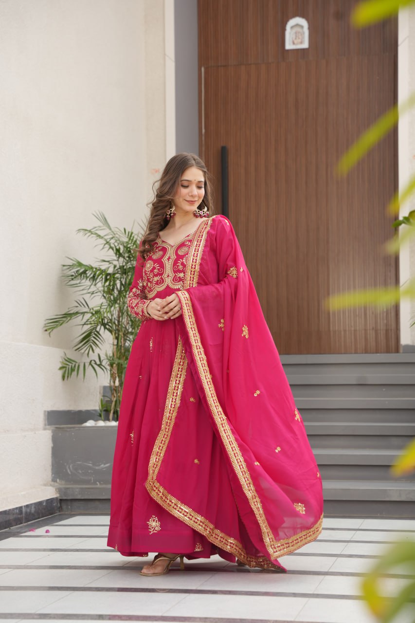 Pink Star Georgette Embroidered Gown with Sequins Work & Designer Dupatta – Festive Collection