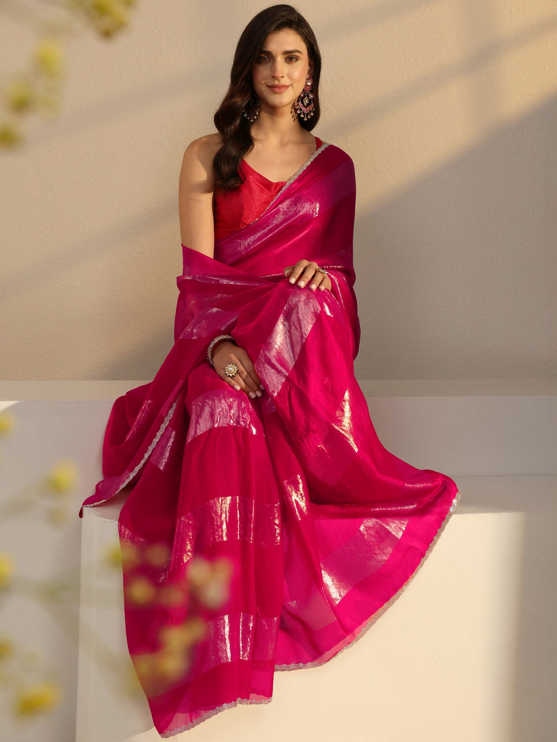 Mameraa Pink Striped Embellished Tissue Saree With Unstitched Blouse Piece