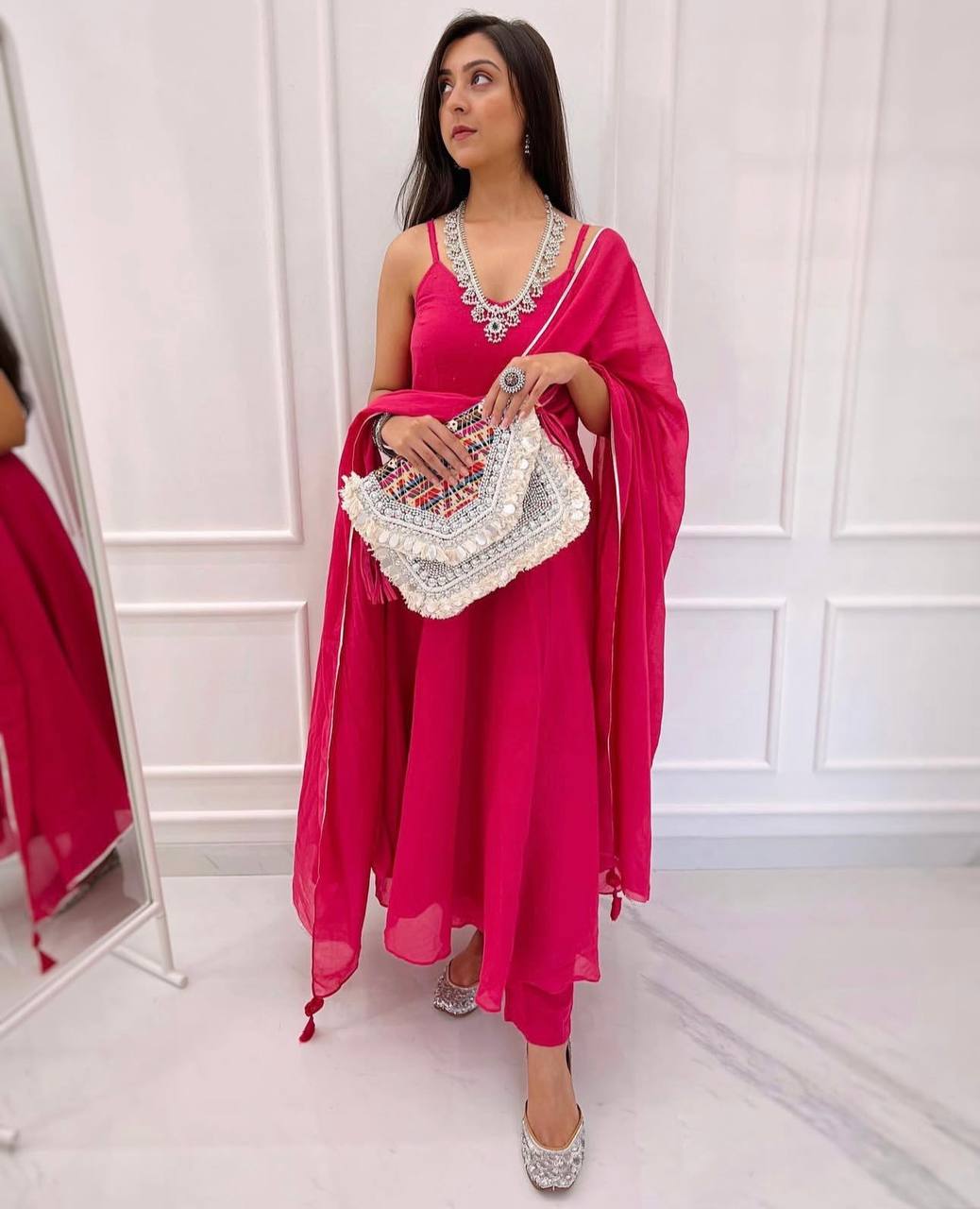 Pink Stunning Georgette Flared Suit Set with American Crepe Bottom
