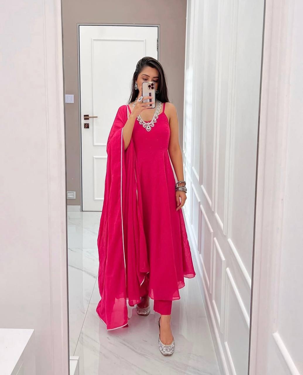 Pink Stunning Georgette Flared Suit Set with American Crepe Bottom