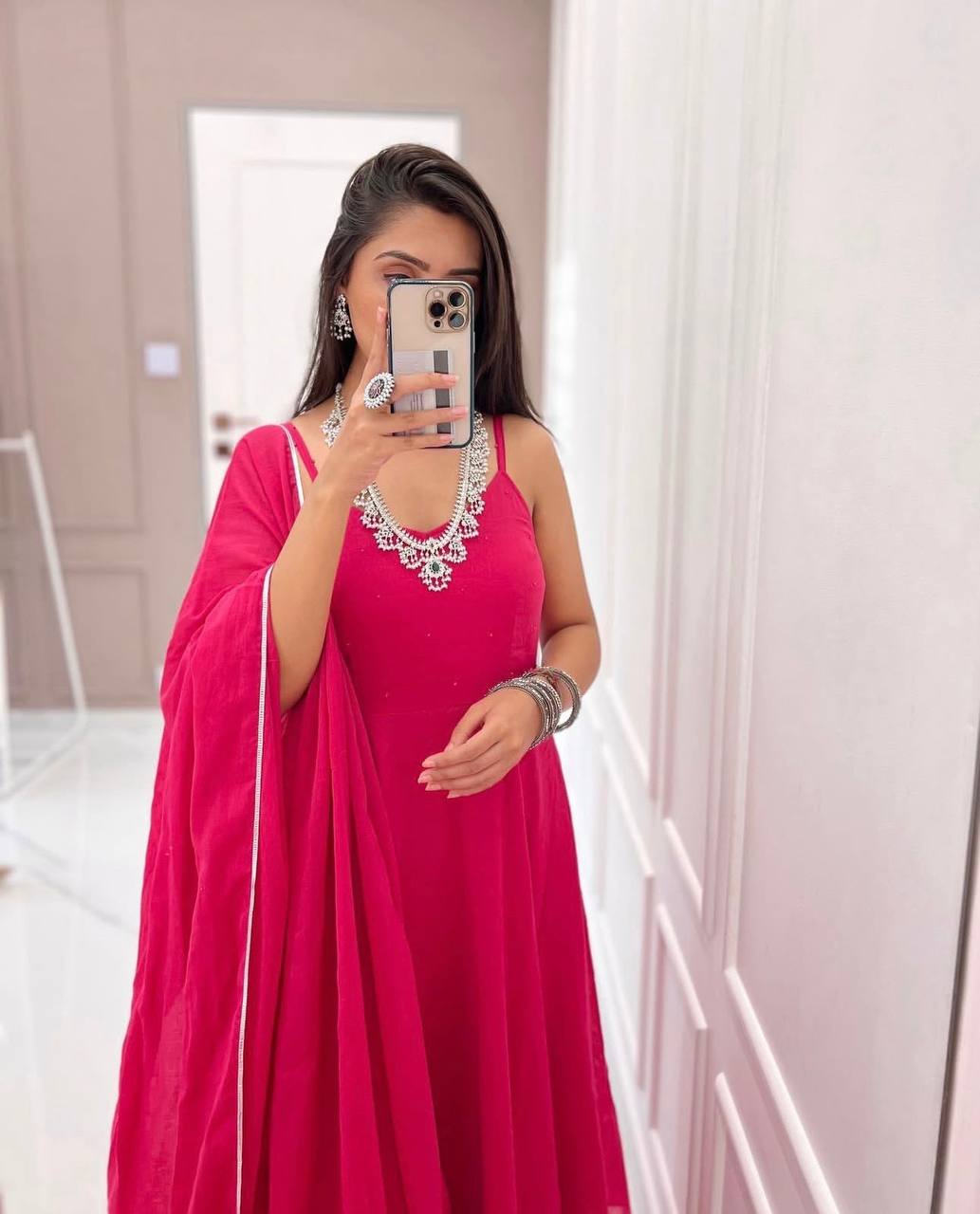 Pink Stunning Georgette Flared Suit Set with American Crepe Bottom
