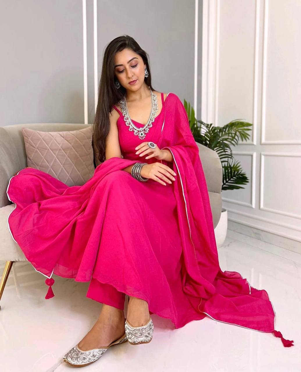 Pink Stunning Georgette Flared Suit Set with American Crepe Bottom