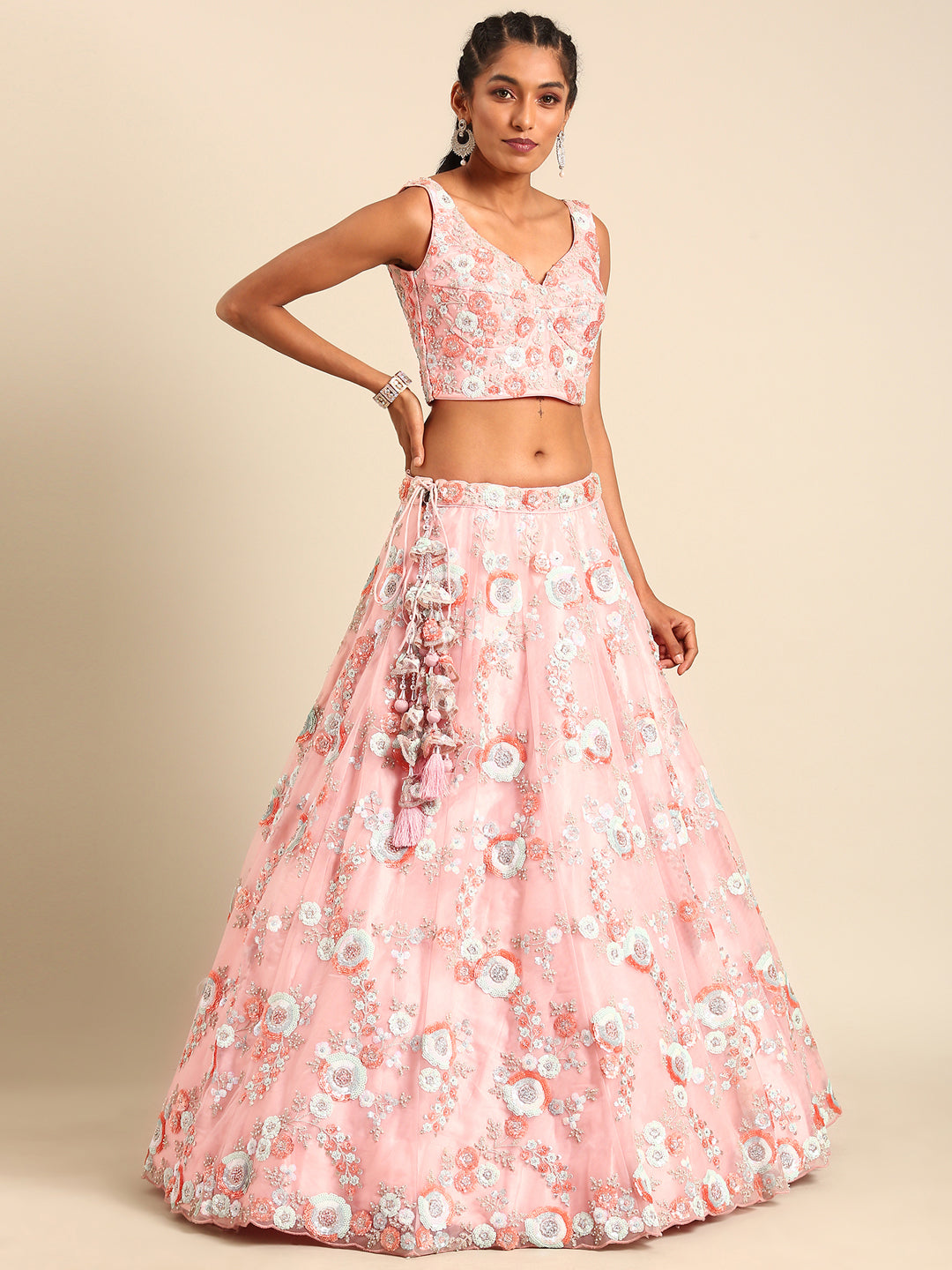 Pink Stunning Semi-Stitched Lehenga Choli Set with Zari, Sequins & Moti Embroidered Net