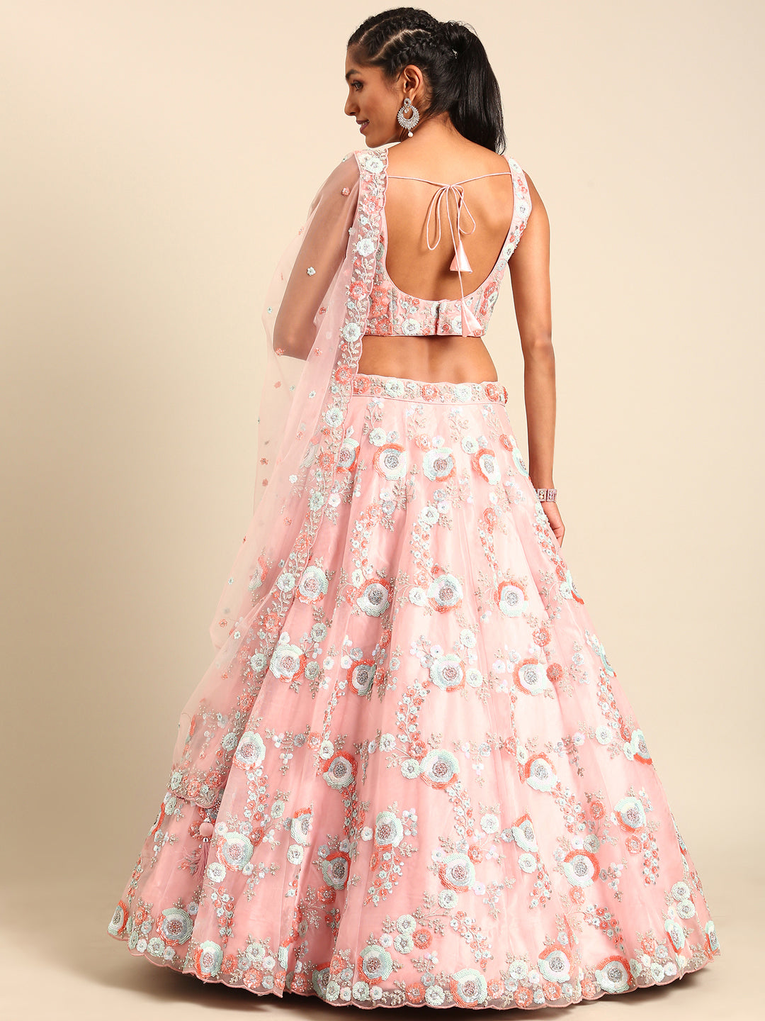 Pink Stunning Semi-Stitched Lehenga Choli Set with Zari, Sequins & Moti Embroidered Net