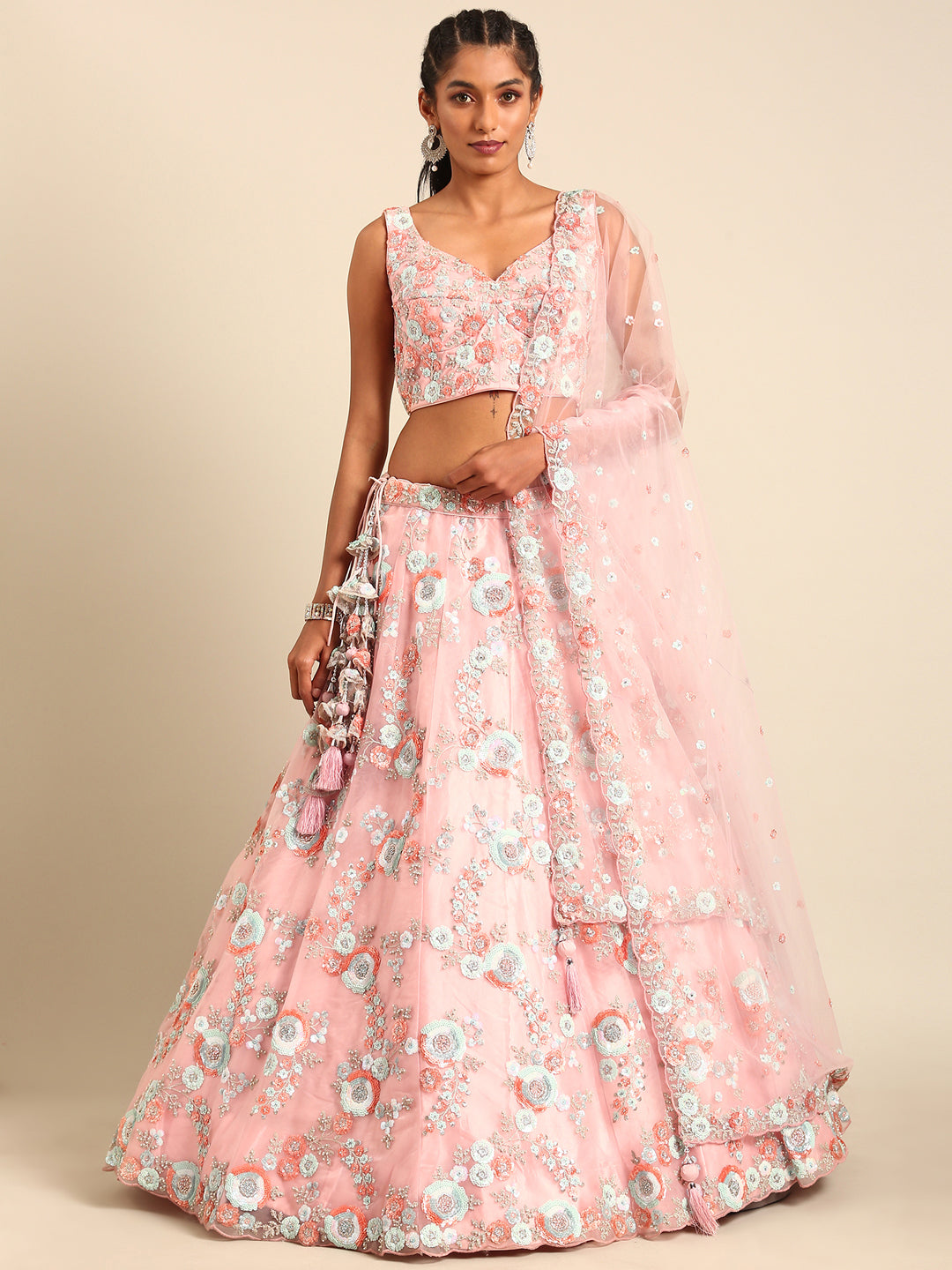 Pink Stunning Semi-Stitched Lehenga Choli Set with Zari, Sequins & Moti Embroidered Net