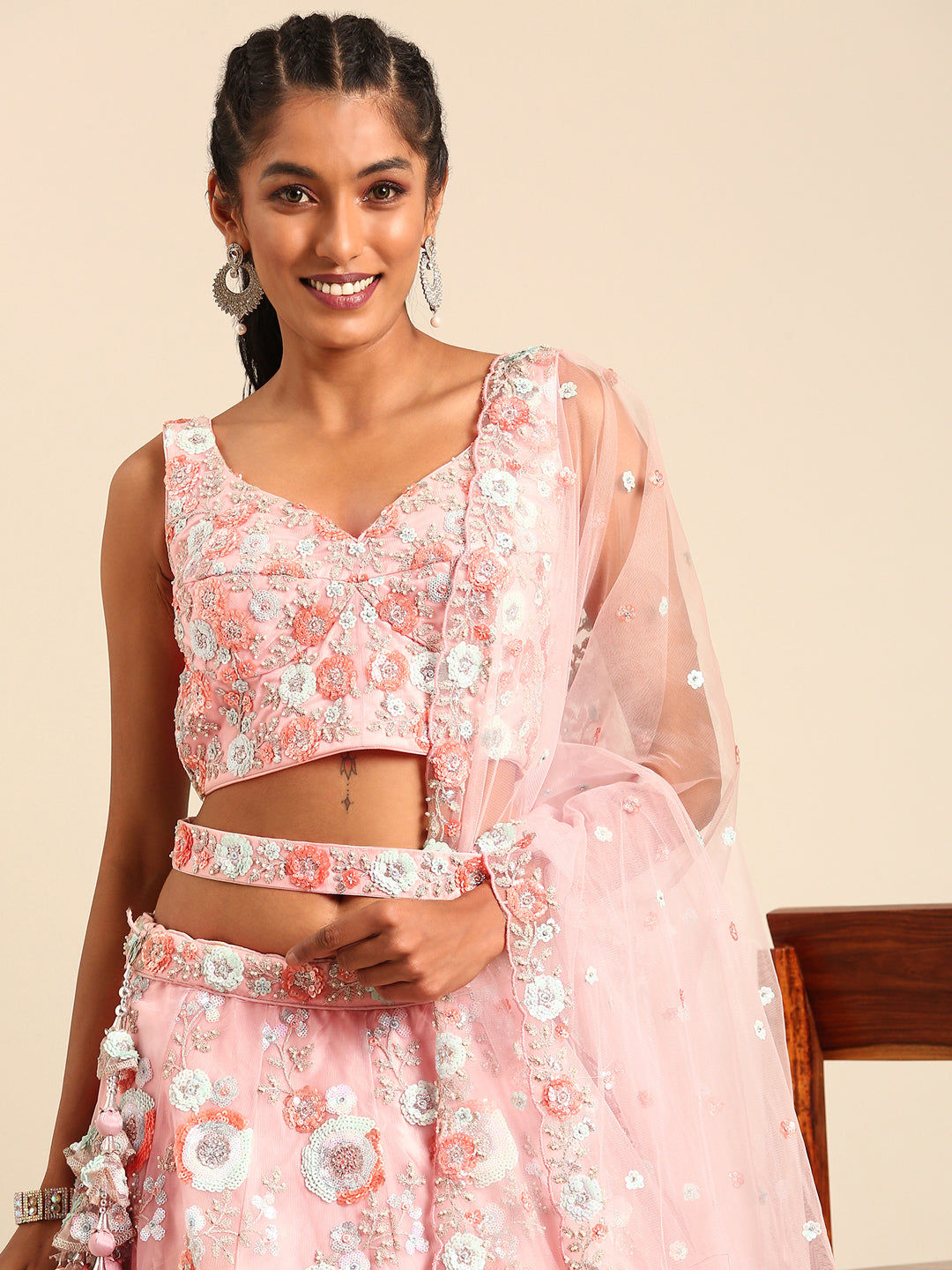 Pink Stunning Semi-Stitched Lehenga Choli Set with Zari, Sequins & Moti Embroidered Net