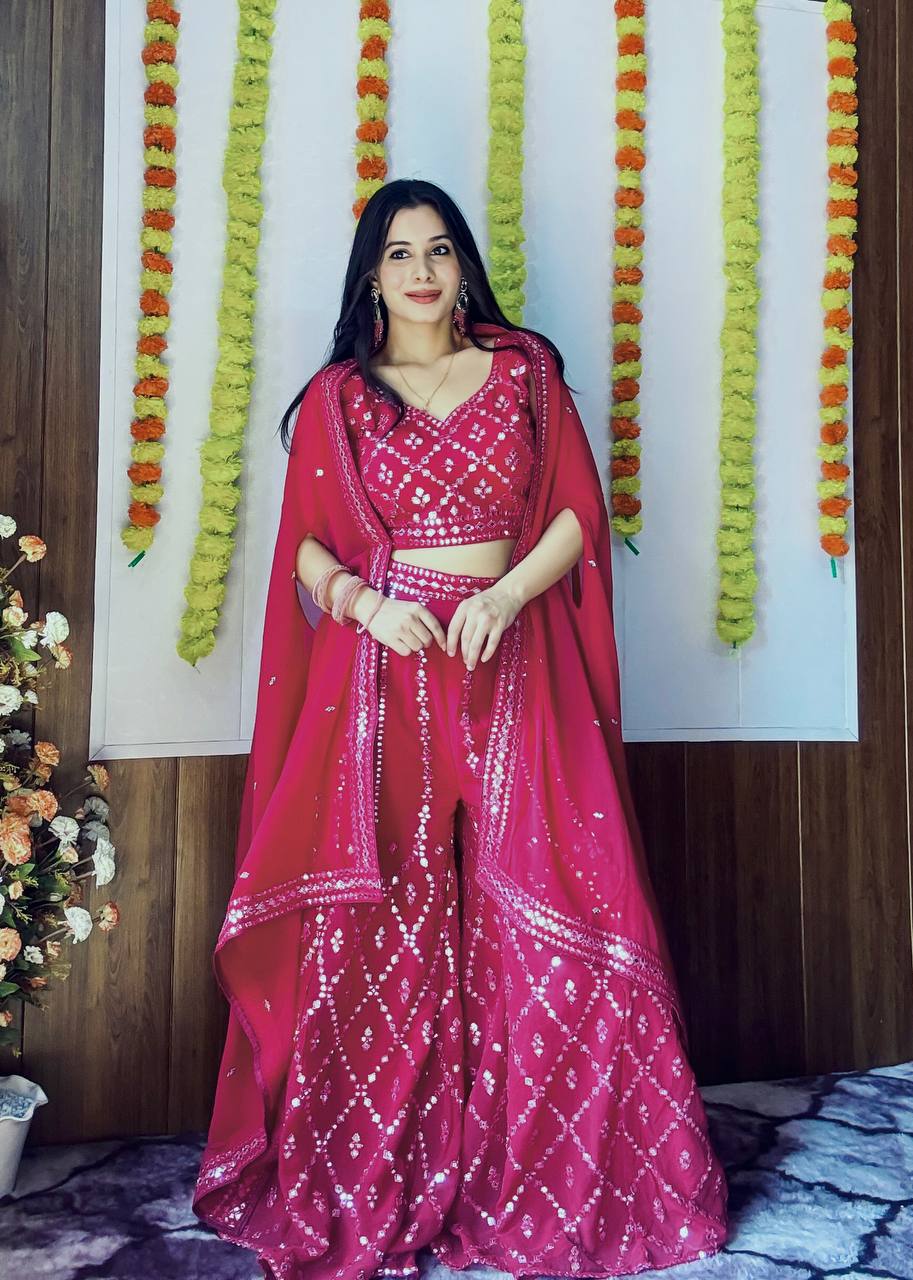 Pink Stylish Georgette Plazzo Set with Mirror & Thread Work Featuring Matching Koti