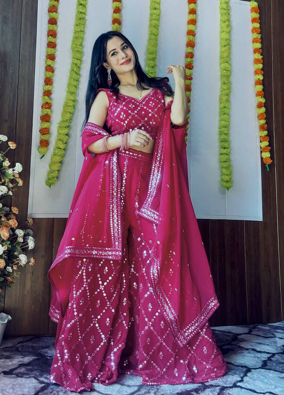 Pink Stylish Georgette Plazzo Set with Mirror & Thread Work Featuring Matching Koti