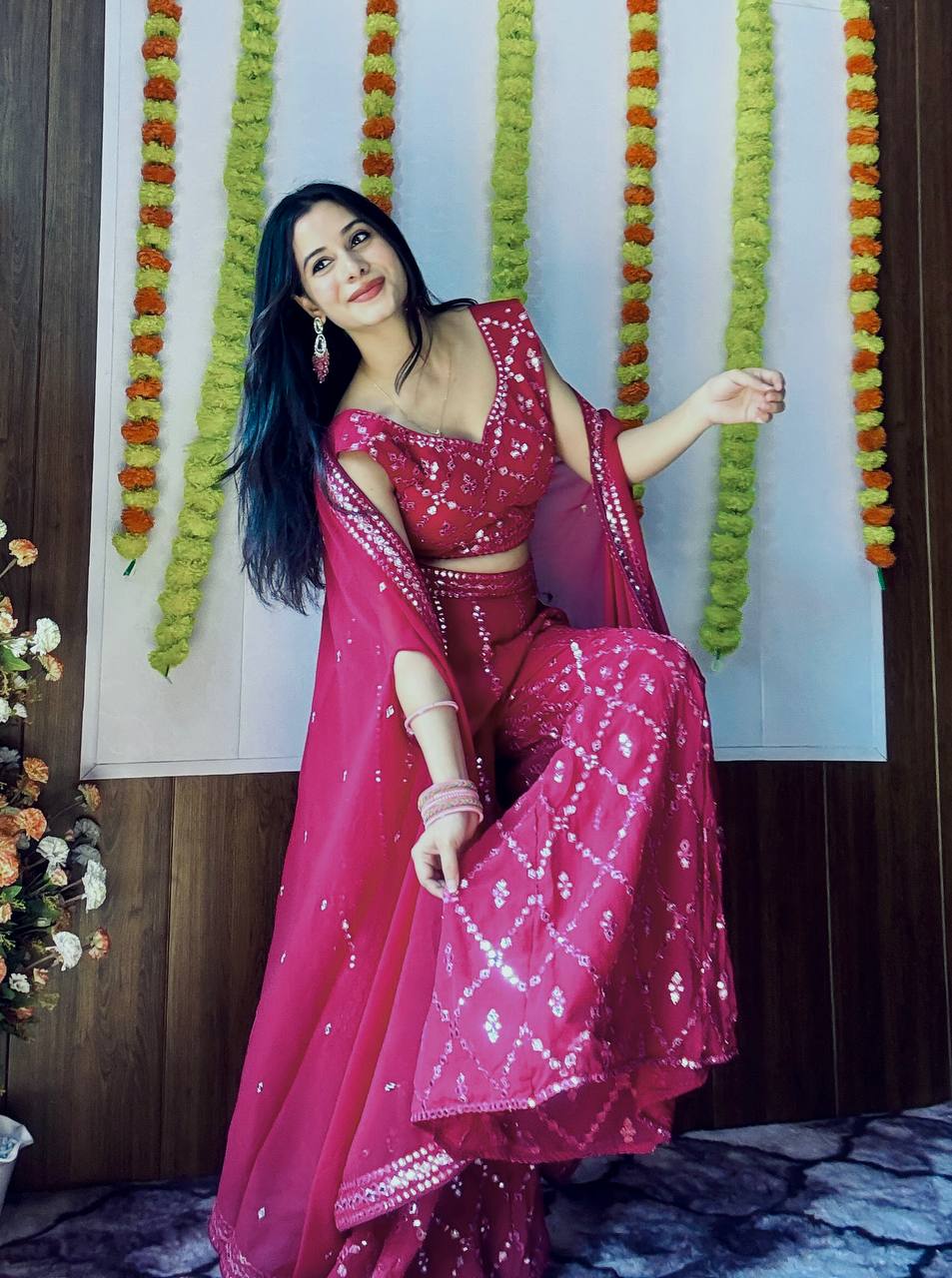 Pink Stylish Georgette Plazzo Set with Mirror & Thread Work Featuring Matching Koti