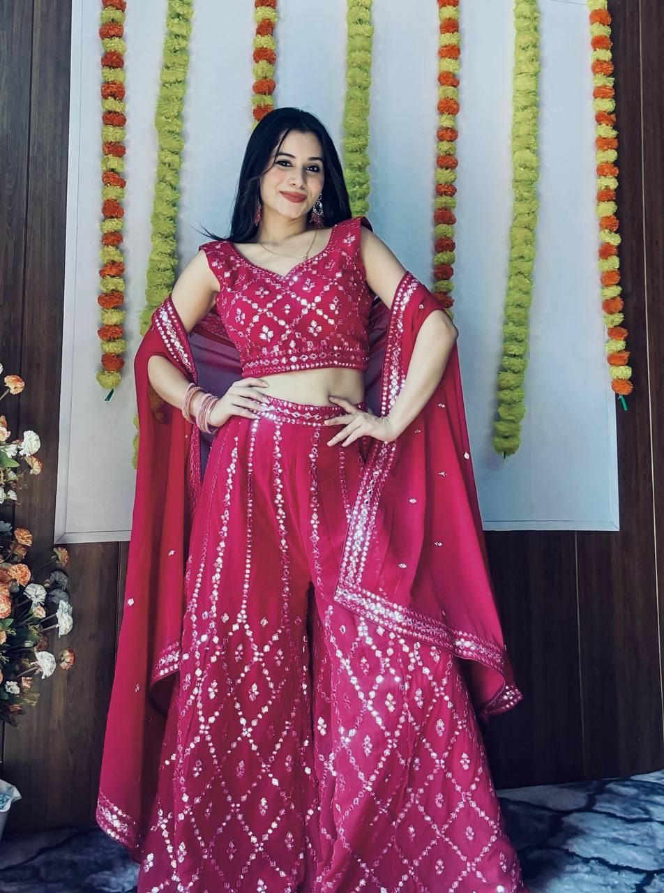 Pink Stylish Georgette Plazzo Set with Mirror & Thread Work Featuring Matching Koti