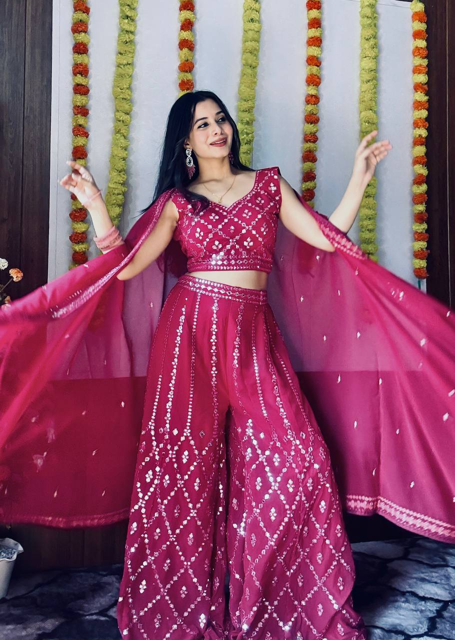 Pink Stylish Georgette Plazzo Set with Mirror & Thread Work Featuring Matching Koti