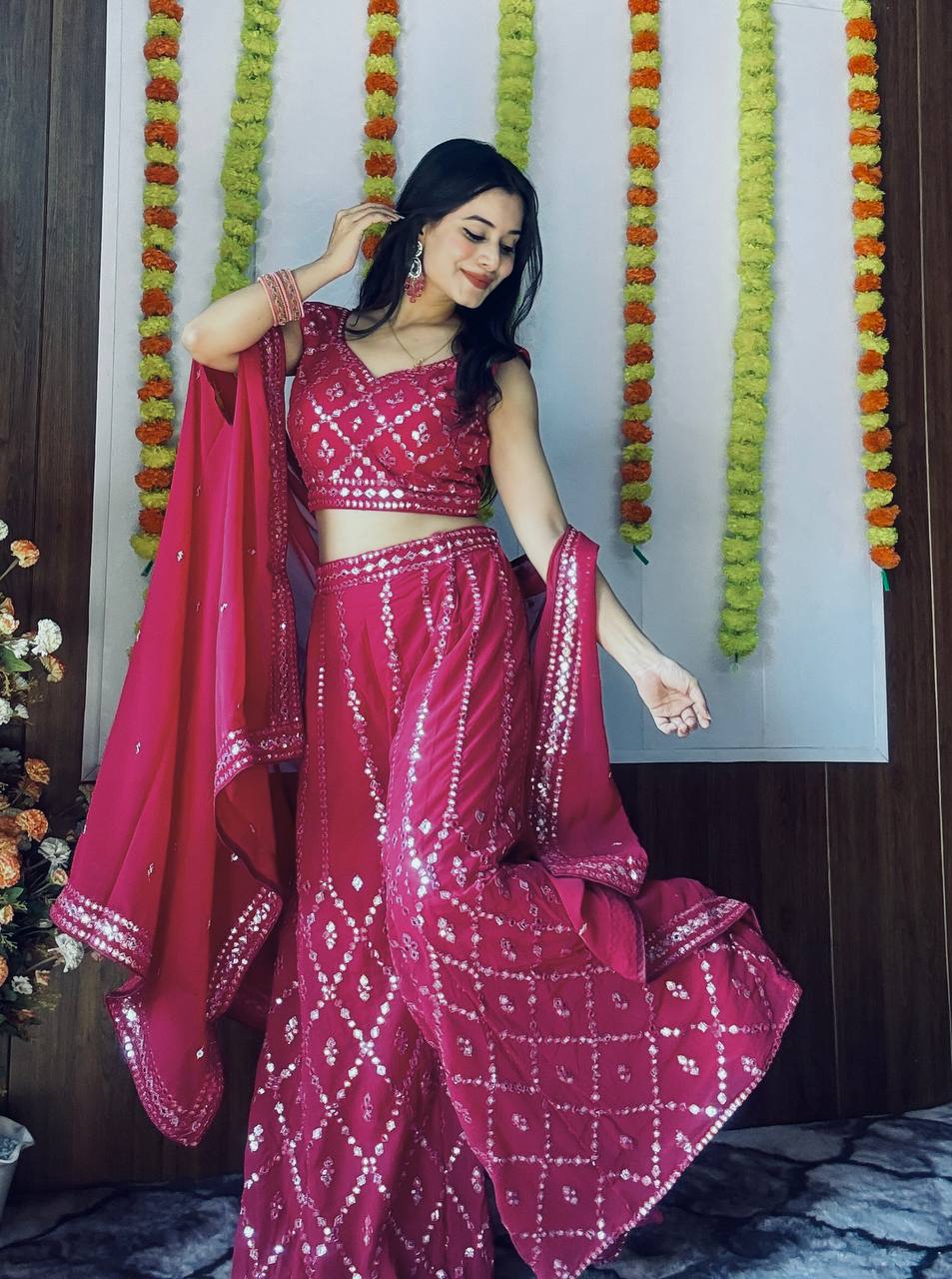 Pink Stylish Georgette Plazzo Set with Mirror & Thread Work Featuring Matching Koti