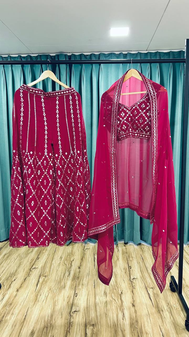 Pink Stylish Georgette Plazzo Set with Mirror & Thread Work Featuring Matching Koti