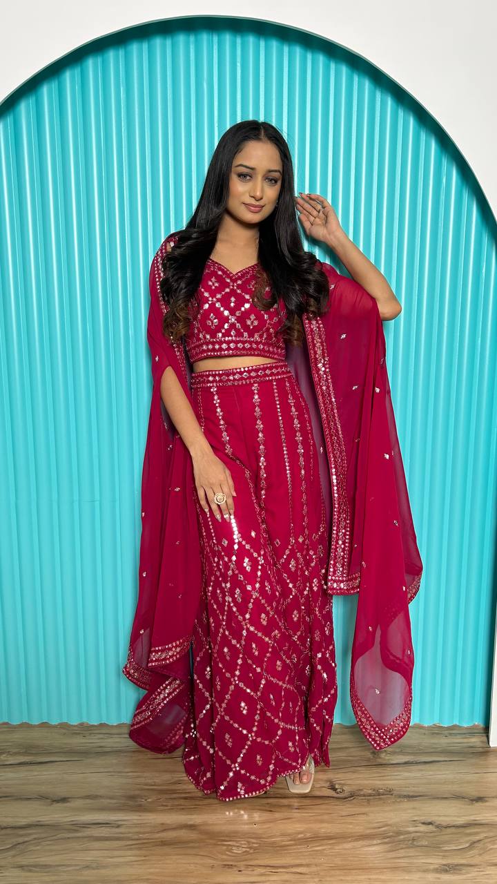 Pink Stylish Indo-Western Georgette Plazo Set with Foil Mirror & Thread Work